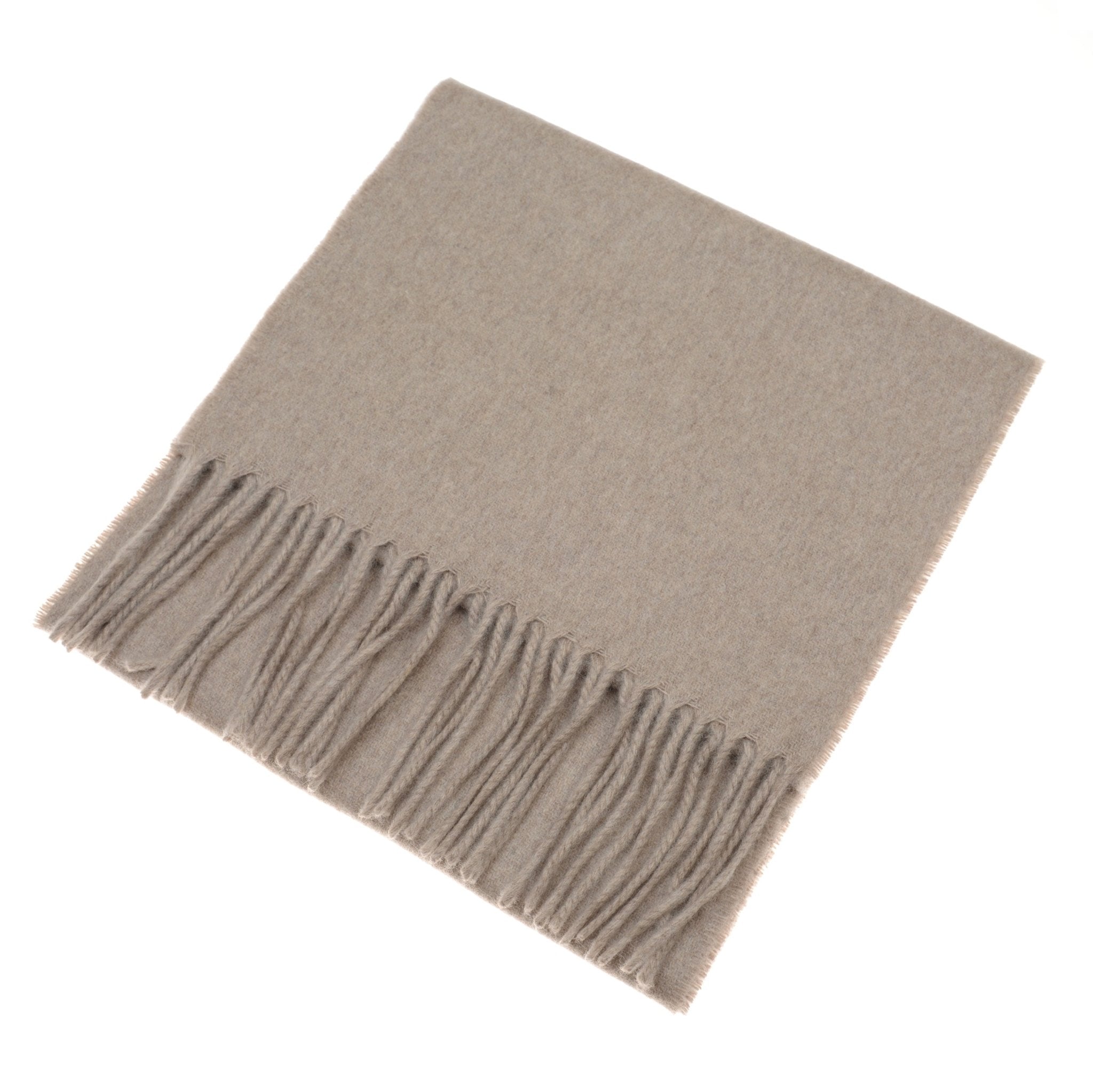 The Campbell's of Beauly Unisex Cashmere Scarf in light brown, featuring fringed edges and a soft Scottish cashmere finish, is shown folded on a white background—a versatile luxury accessory for any season.