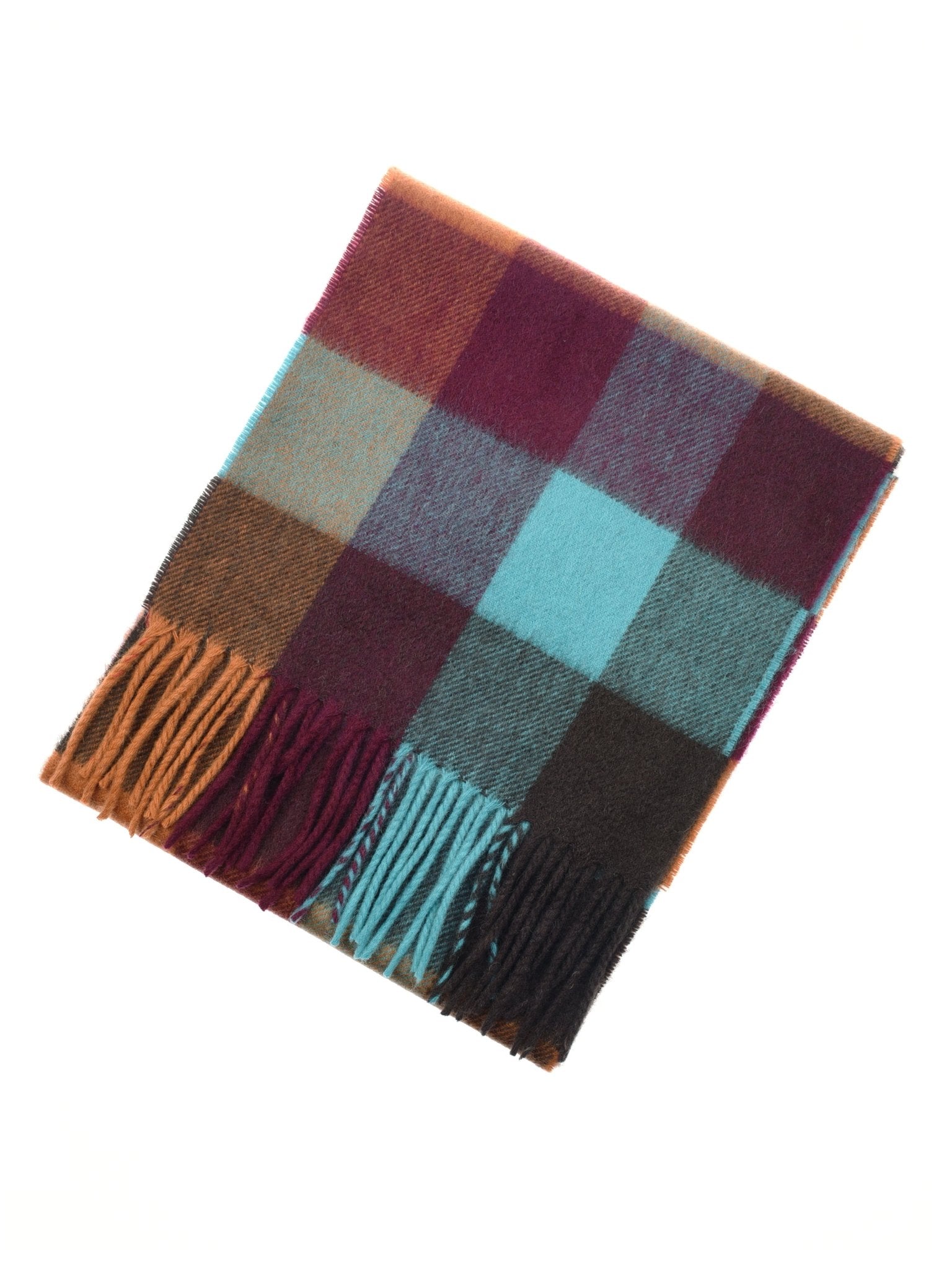 A folded Campbells of Beauly Cashmere Scarf in Rich Autumn Block is displayed on a white background, featuring large teal, burgundy, brown, and orange checks with fringed ends. Inspired by classic Scottish Borders style.