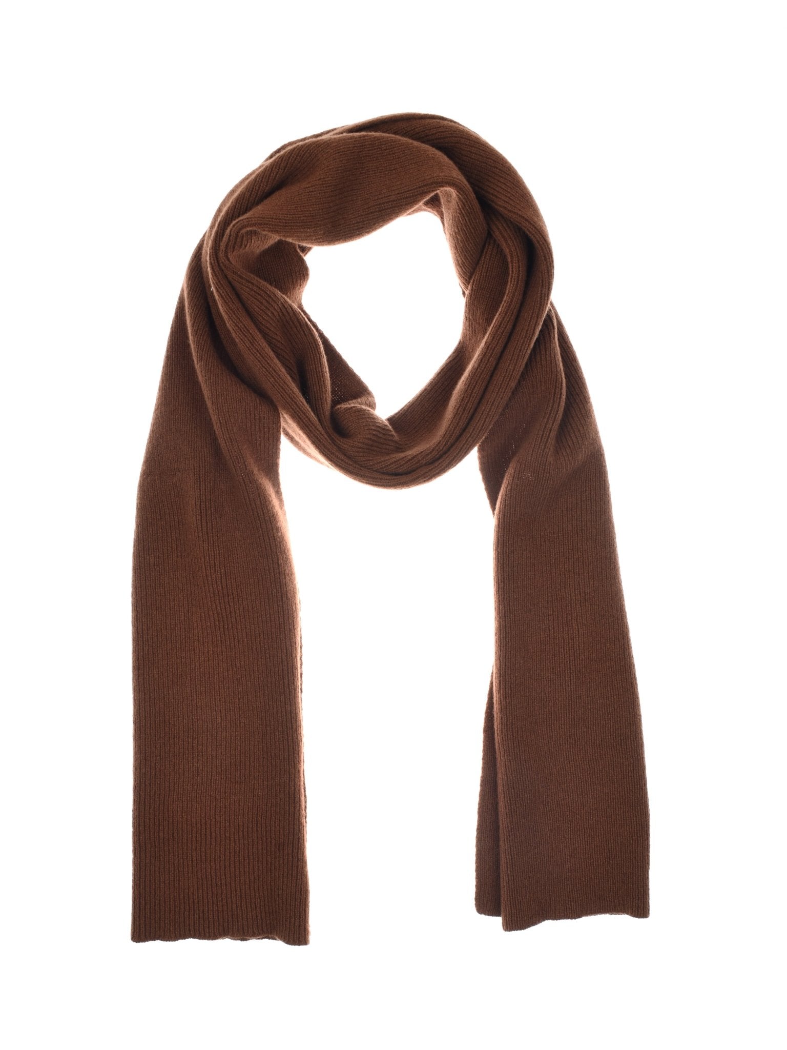 The Campbells of Beauly Lambswool Rib Scarf in Hazelnut is loosely folded on a white background, highlighting its simple ribbed knit and classic Scottish style.