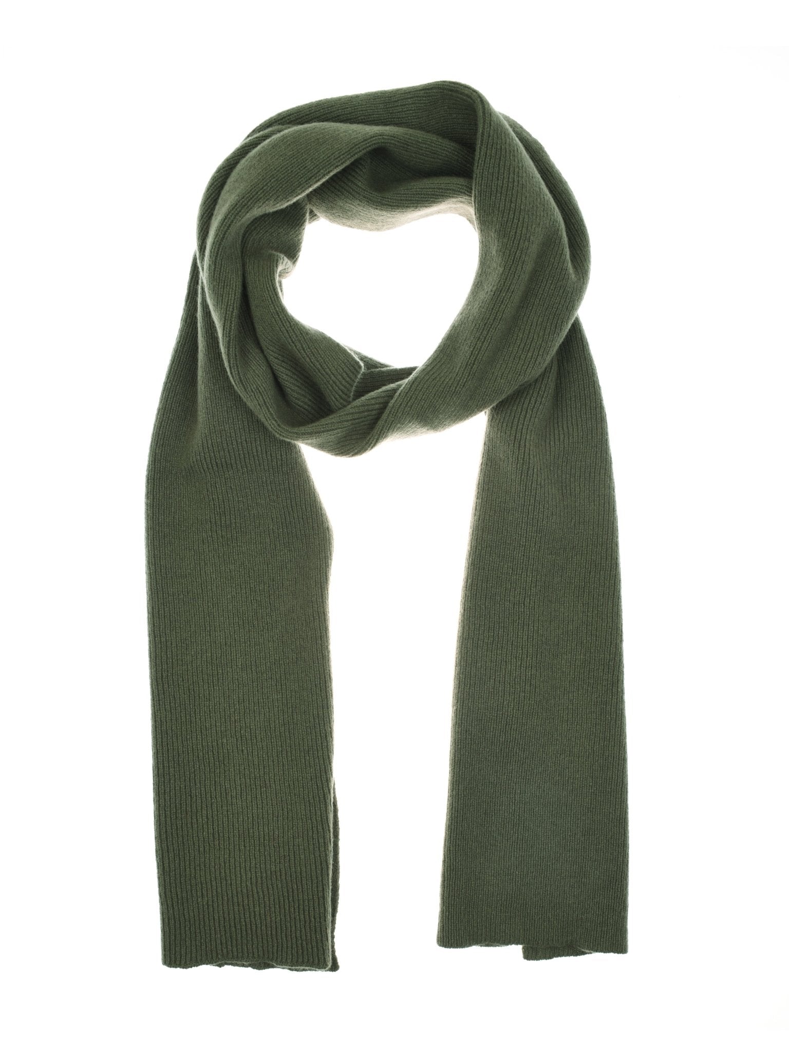 The Campbells of Beauly Lambswool Rib Scarf in olive is shown loosely folded against a white background—an inviting example of classic Scottish knitwear.