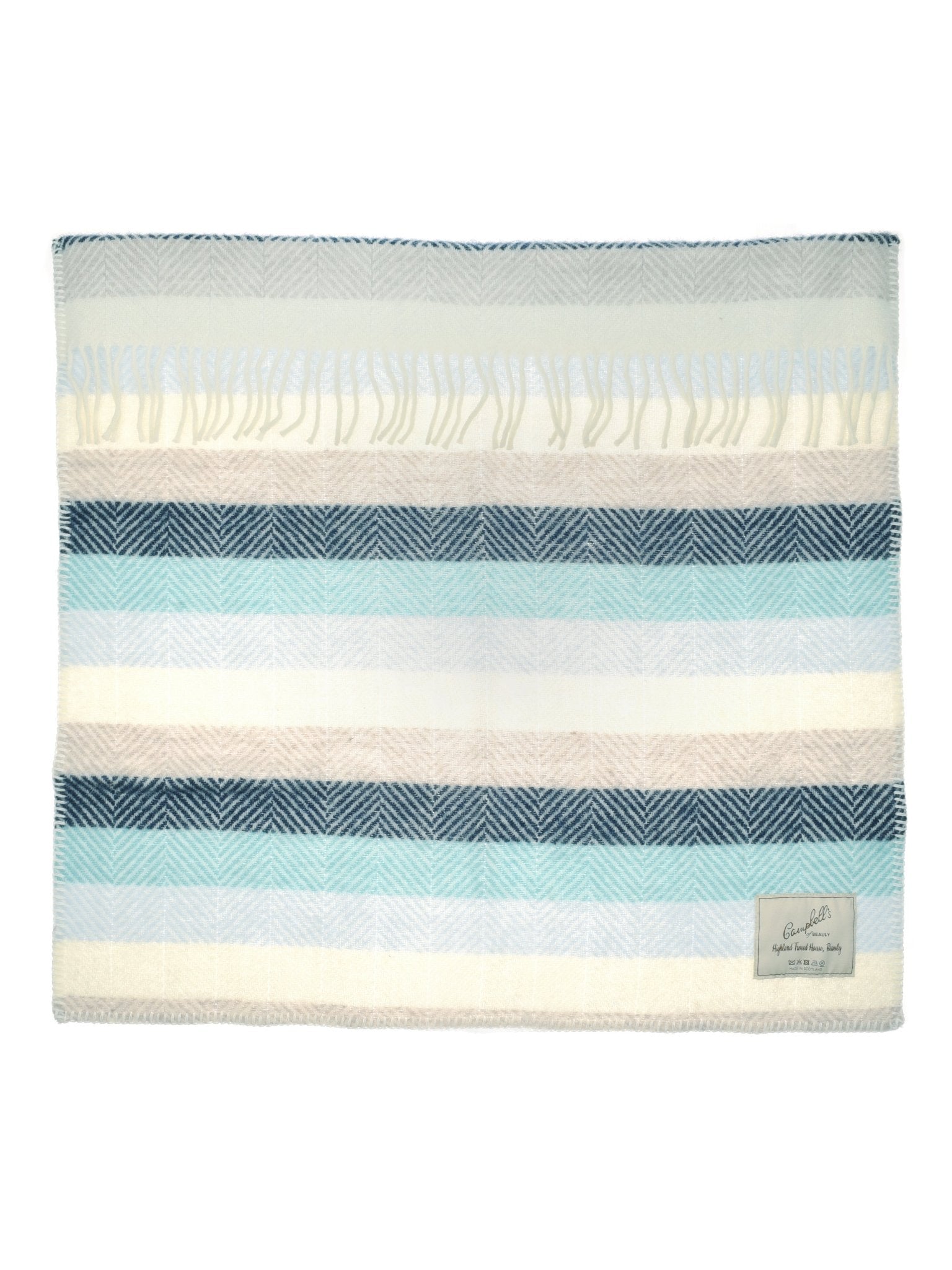 The Campbells of Beauly Baby Blanket in Soft Blue Stripe features a rectangular wool design with a gentle weave, horizontal stripes, short top-edge fringe, and a fabric label sewn at the bottom right for all-season comfort.
