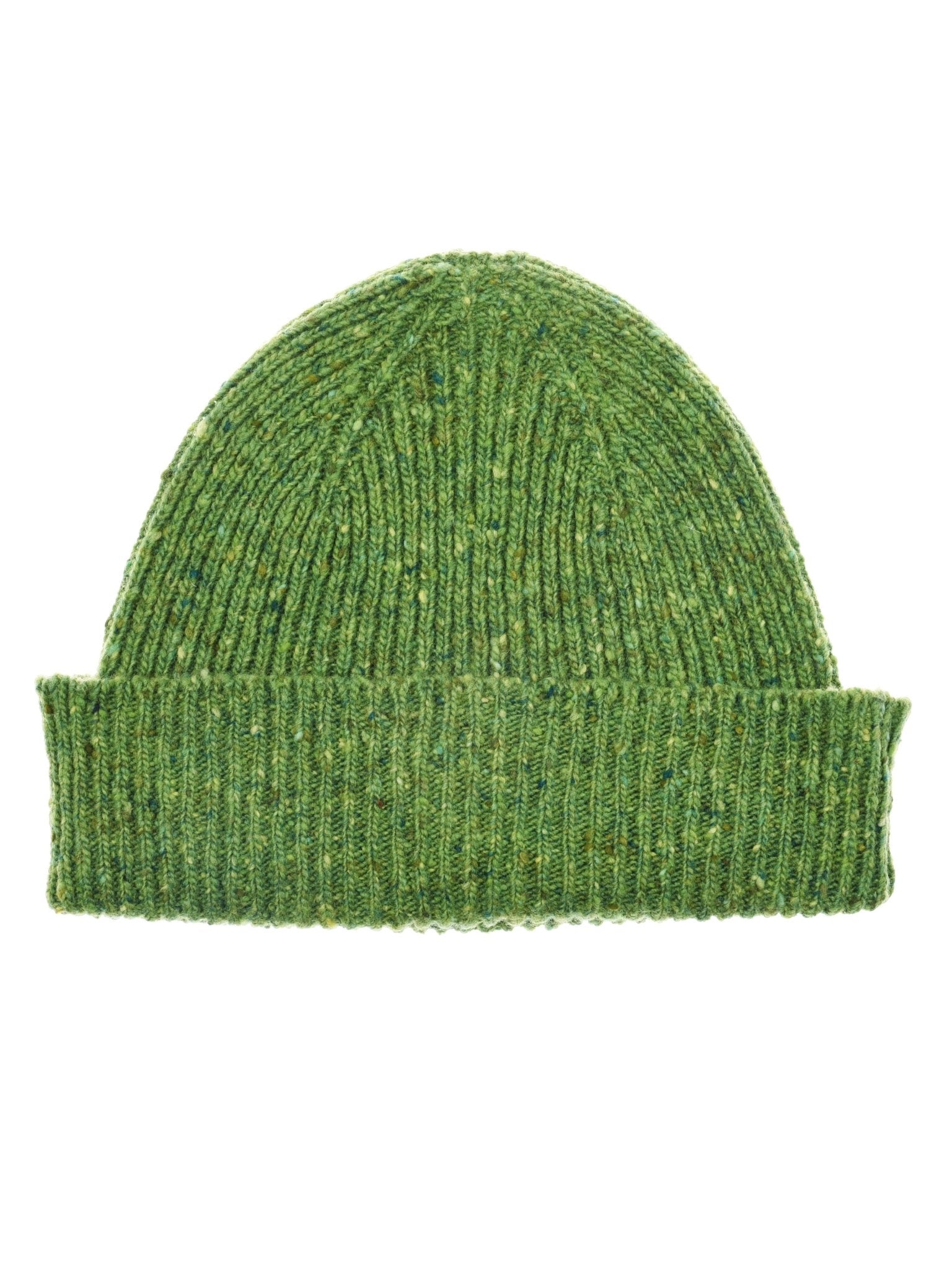The Campbells of Beauly Donegal Beanie in Lichen features a folded brim and subtle speckled texture, shown against a white background.