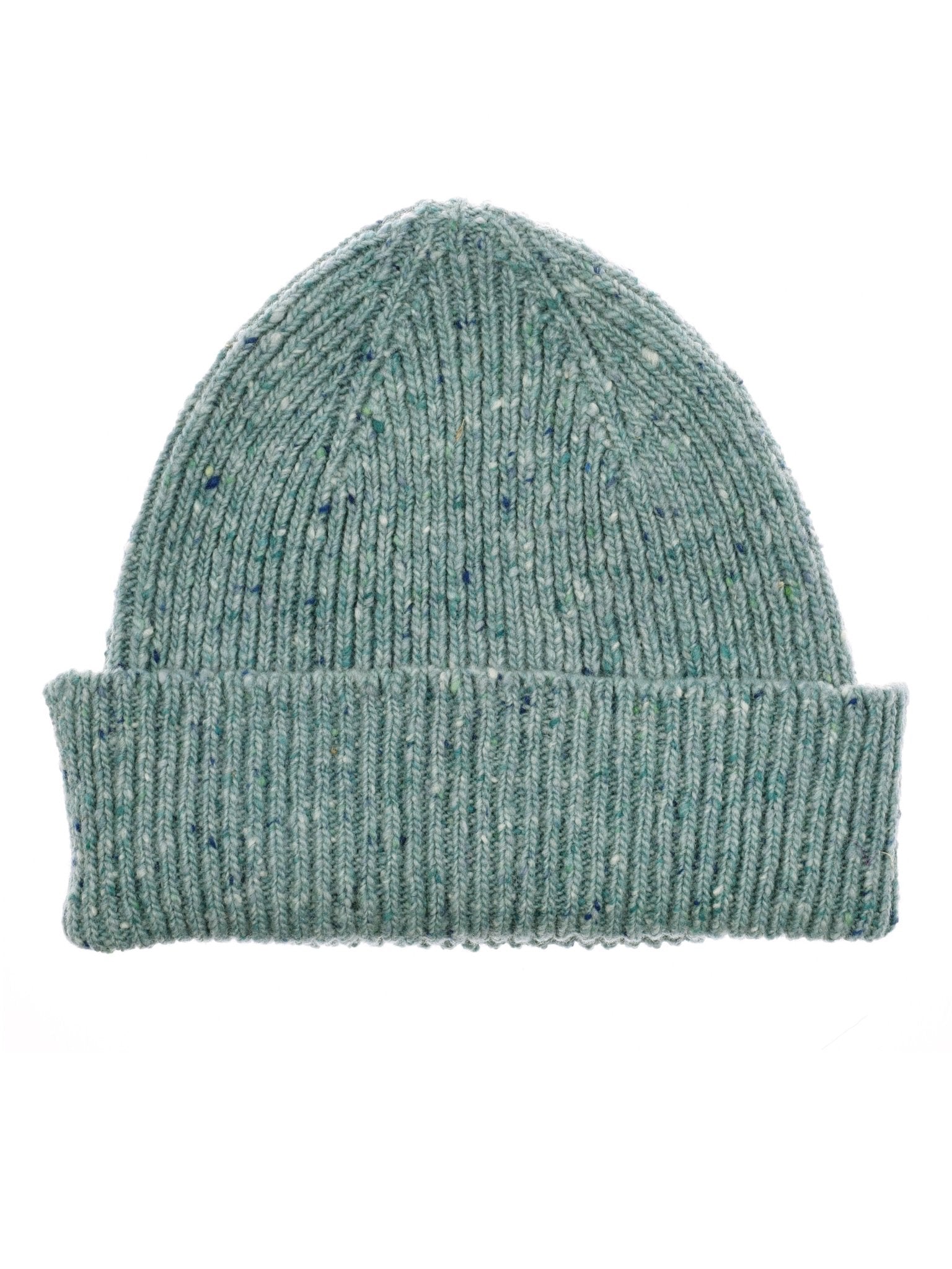 The Campbells of Beauly Donegal Beanie in teal features a ribbed knit and folded brim, crafted from Irish yarn for a subtle speckled texture, shown against a white background.