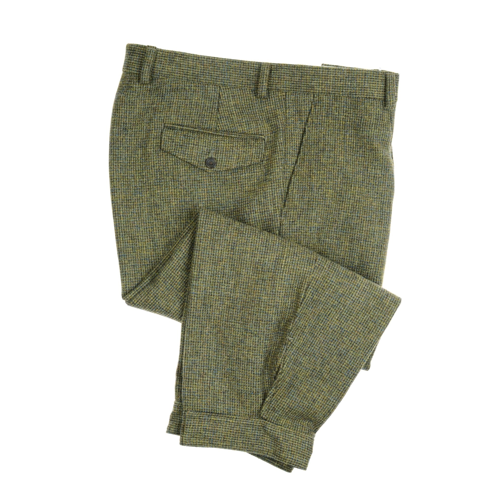 A pair of green Tweed Breeks by Campbells of Beauly, Scottish-woven with a subtle check pattern, neatly folded to show the waistband and a buttoned back pocket against a white background.