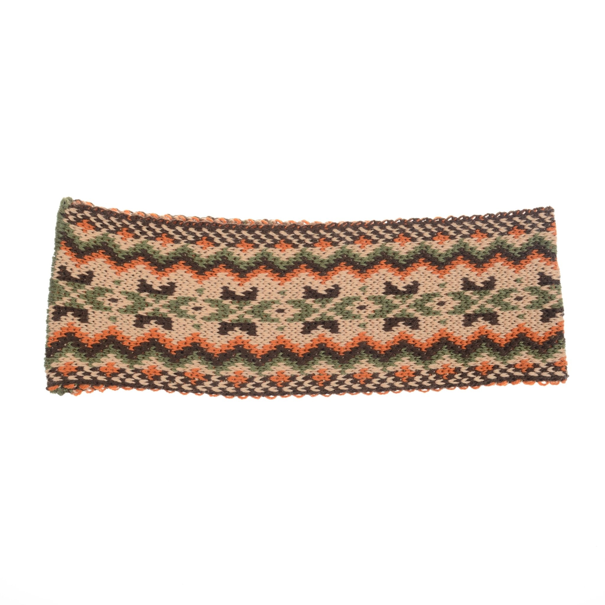 The Fairisle Headband by Campbells of Beauly, in Olive, features a traditional zigzag and star pattern. Crafted from 100% wool and displayed on a white background.