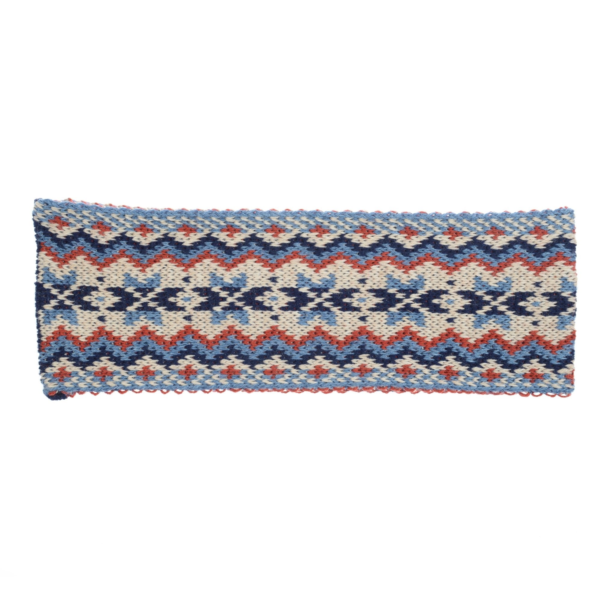 The Campbells of Beauly Fairisle Headband features a traditional zigzag and diamond pattern in navy, red, cream, and light blue 100% wool. Scalloped edges with blue trim add a classic touch to this rectangular knitted accessory.