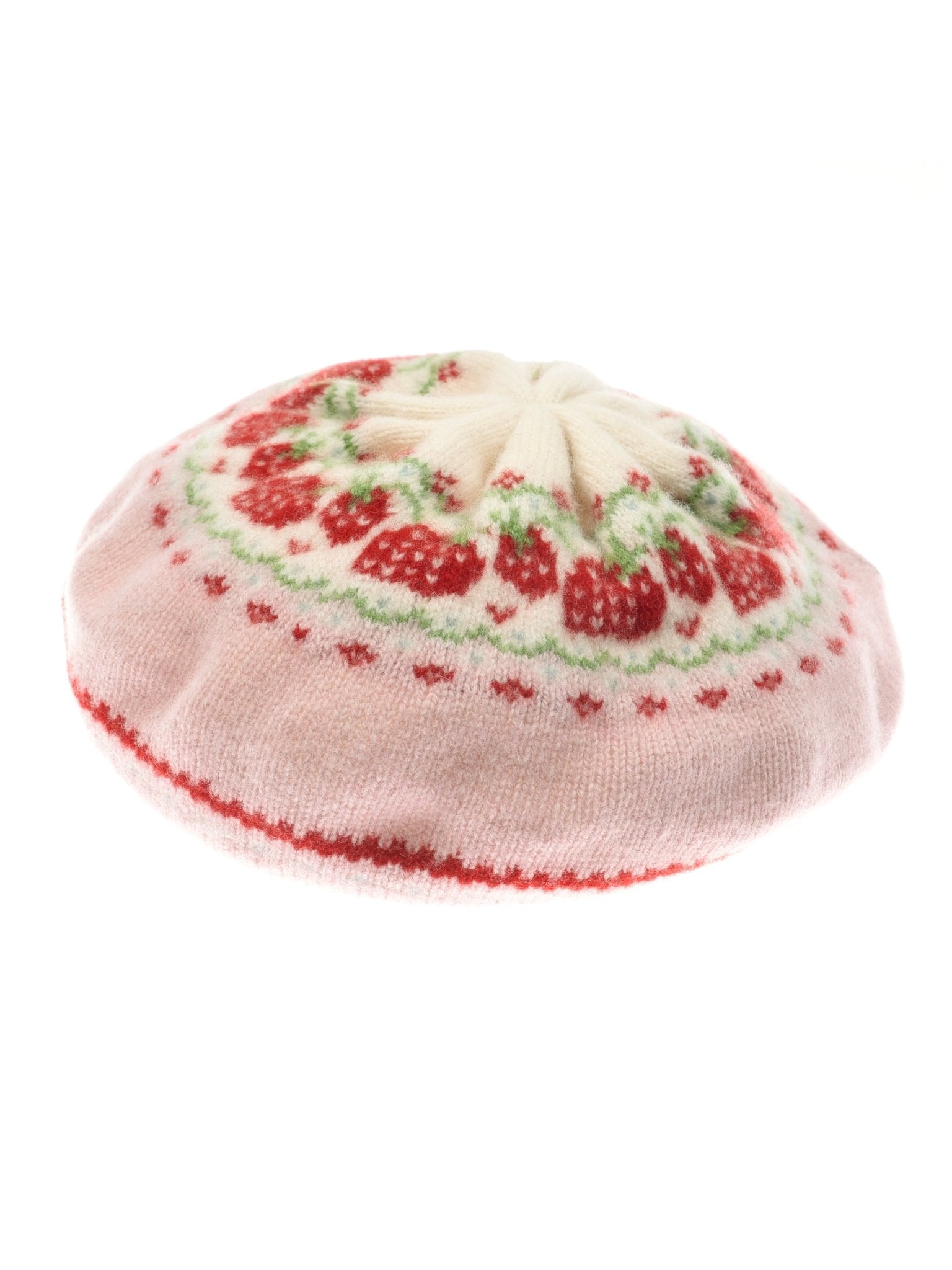 The Strawberry Beret by Campbells of Beauly features a rose lambswool base with a white top and a charming knitted pattern of red strawberries and green leaves around the center.