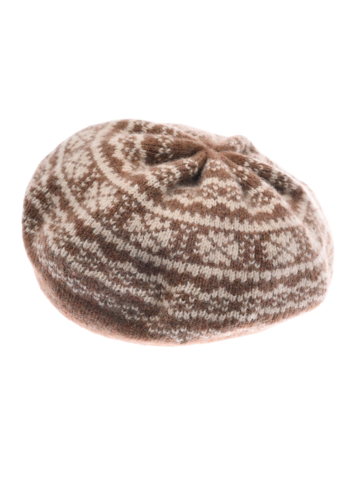 The Campbells of Beauly Two-Colour Fairisle Beret in hazelnut features a soft lambswool knit with a geometric Fairisle pattern, shown on a white background.