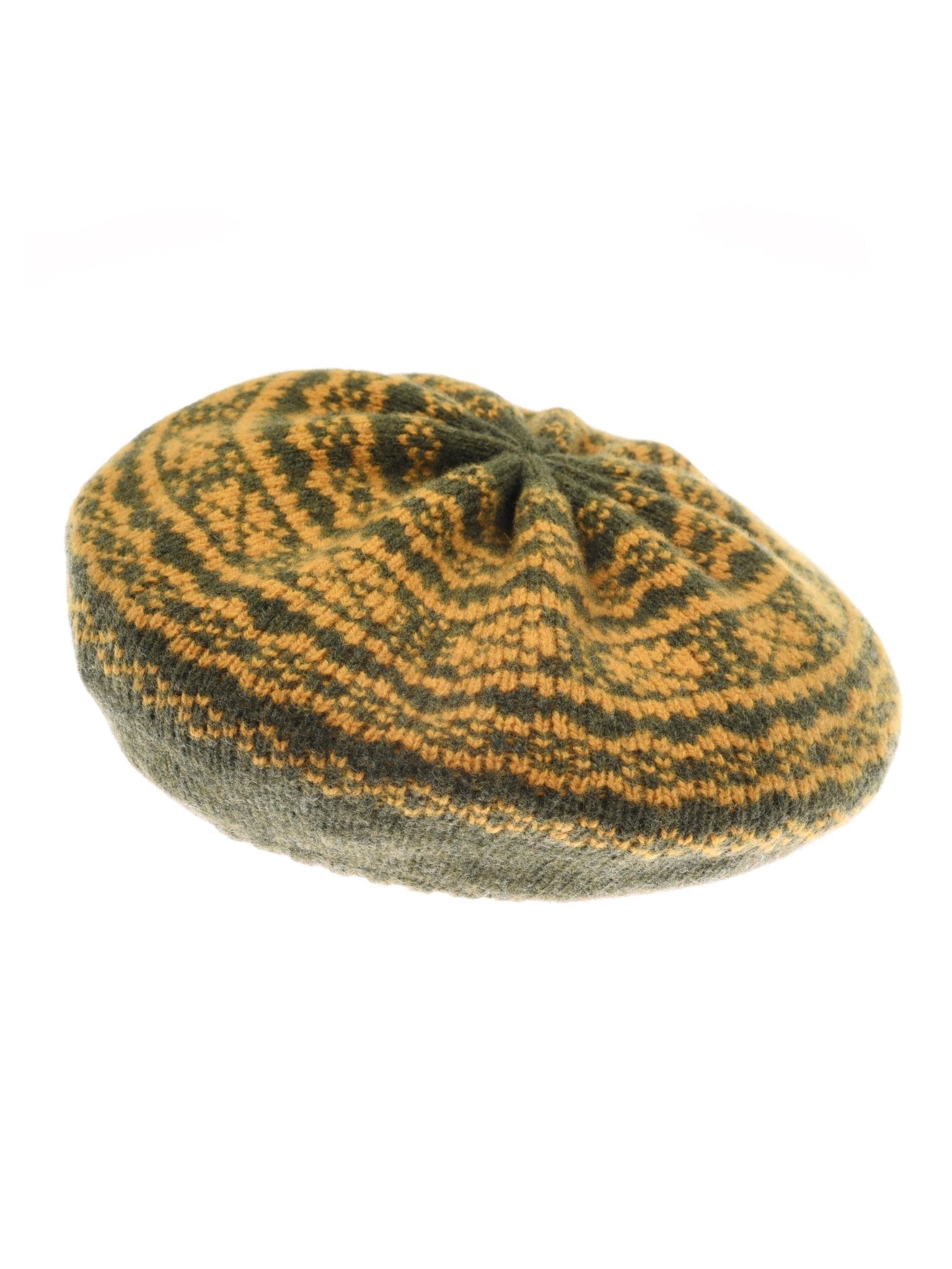 Campbells of Beauly Two-Colour Fairisle Beret in Loden features a detailed geometric Fairisle pattern and a slightly ruffled top.