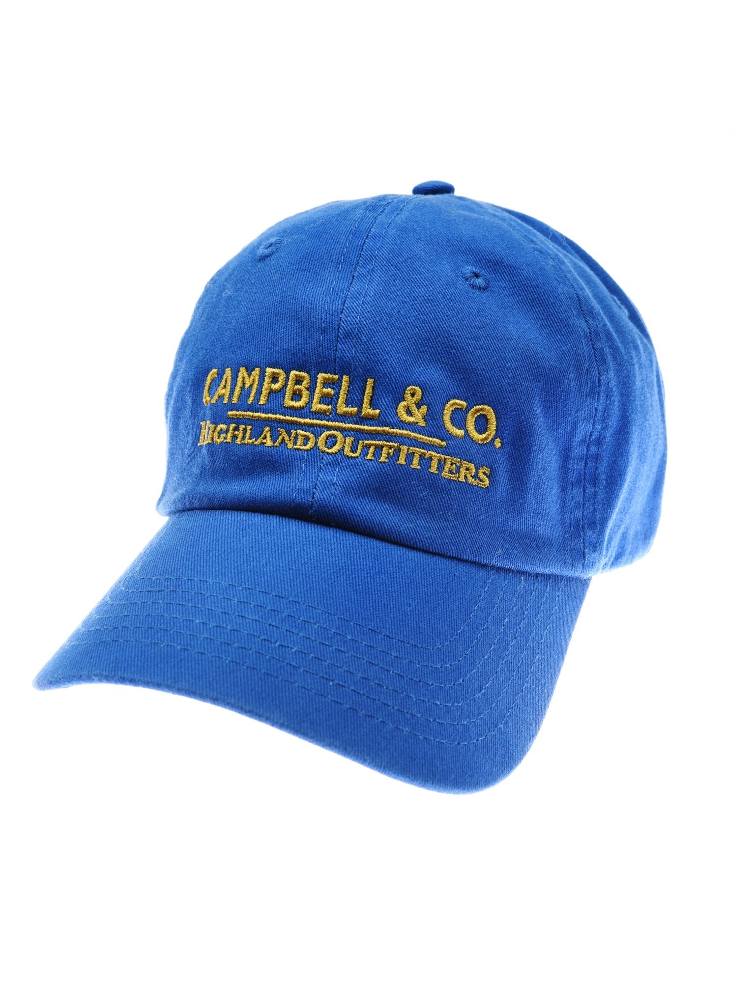 The Campbells Baseball Cap by Campbells of Beauly features yellow embroidered CAMPBELL & CO. and HIGHLAND OUTFITTERS text on a blue design, blending comfort and style—shown angled against a white background.