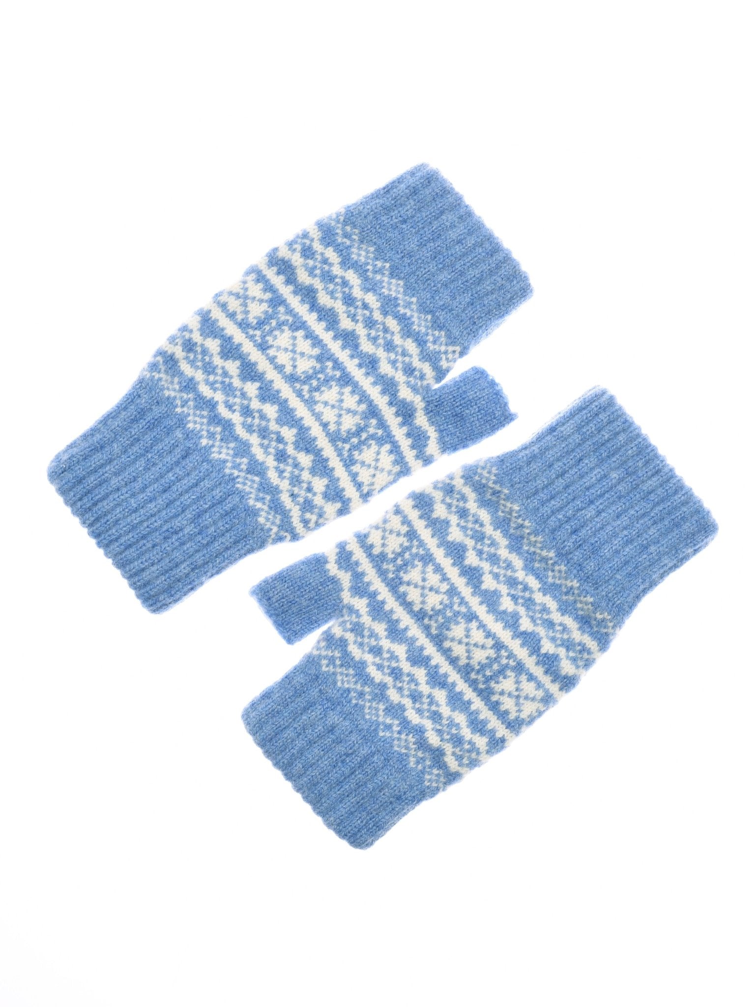 A pair of Campbells of Beauly Two-Colour Fairisle Half Finger Gloves in Bluebell, featuring white snowflake and geometric patterns, laid flat on a white background.