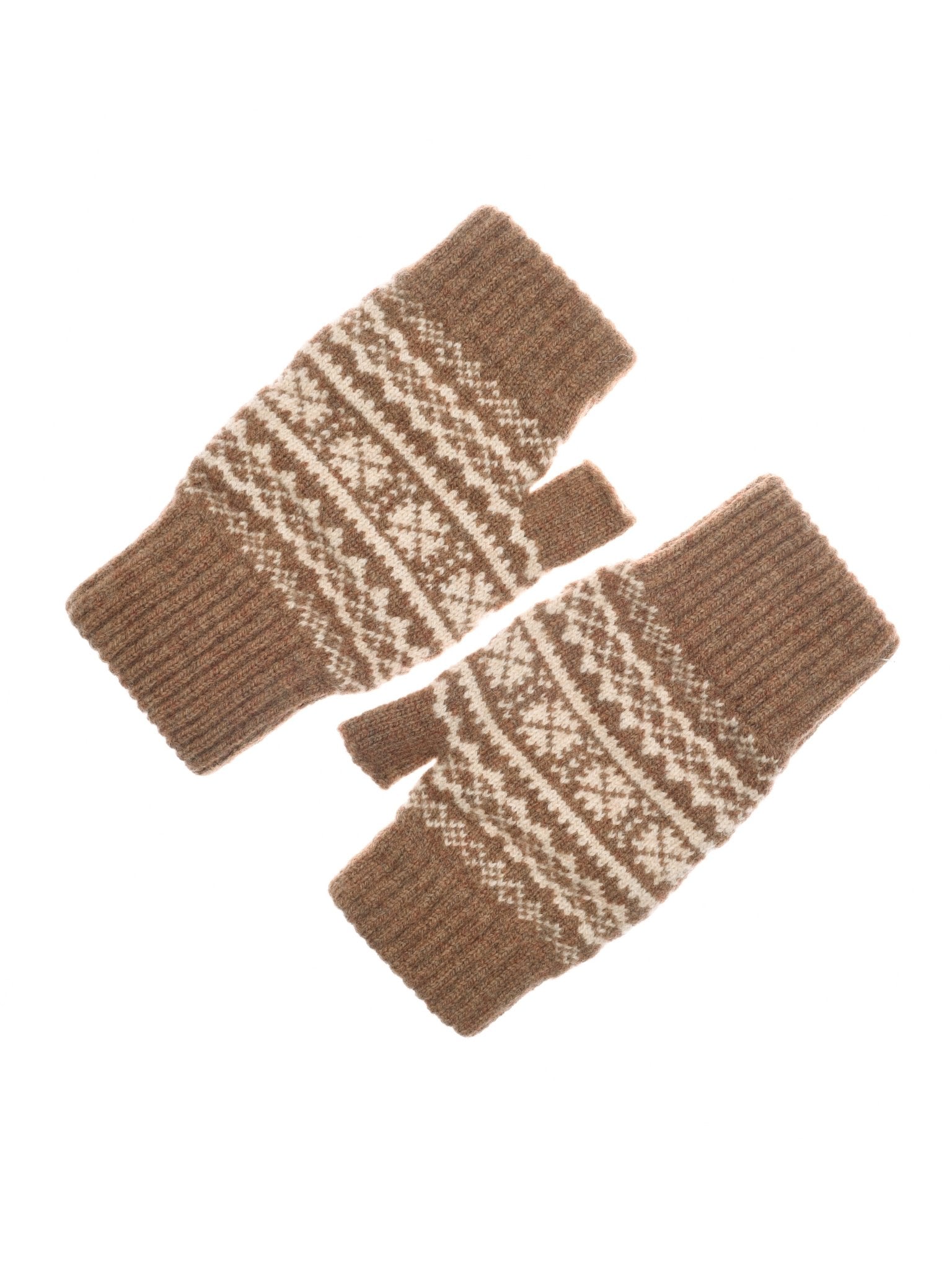 A pair of Campbells of Beauly Two-Colour Fairisle Half Finger Gloves in chocolate, featuring a snowflake and geometric pattern, displayed on a white background.