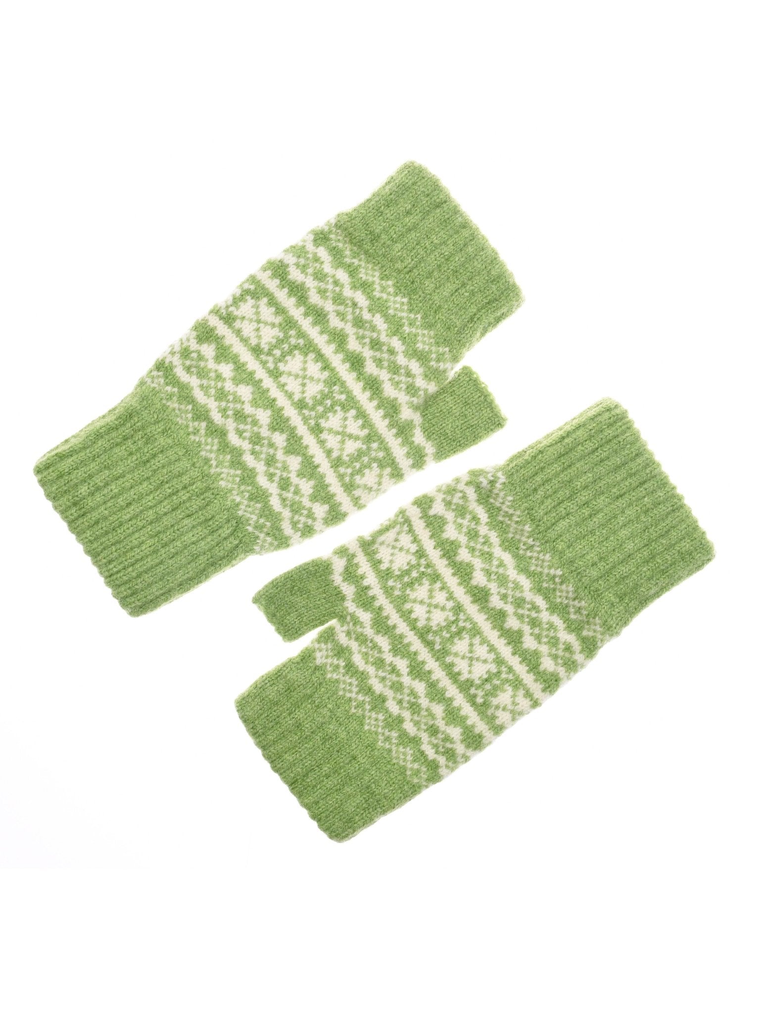 Campbells of Beauly Two-Colour Fairisle Half Finger Gloves in pistachio, featuring a snowflake and geometric pattern, are shown on a white background.