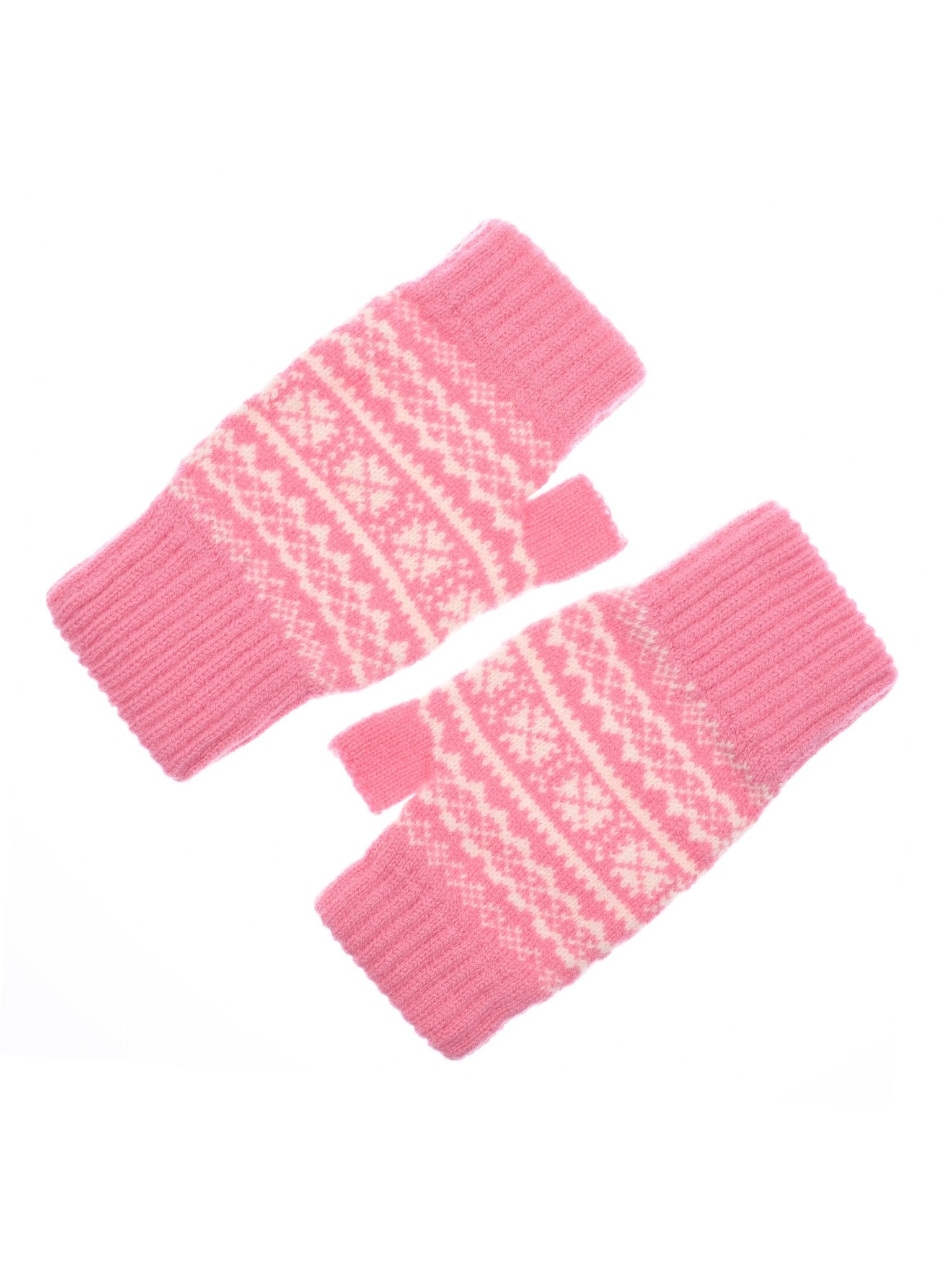 A pair of Campbells of Beauly Two-Colour Fairisle Half Finger Gloves in orchid, featuring a white geometric and snowflake fairisle pattern, are laid flat on a white background.