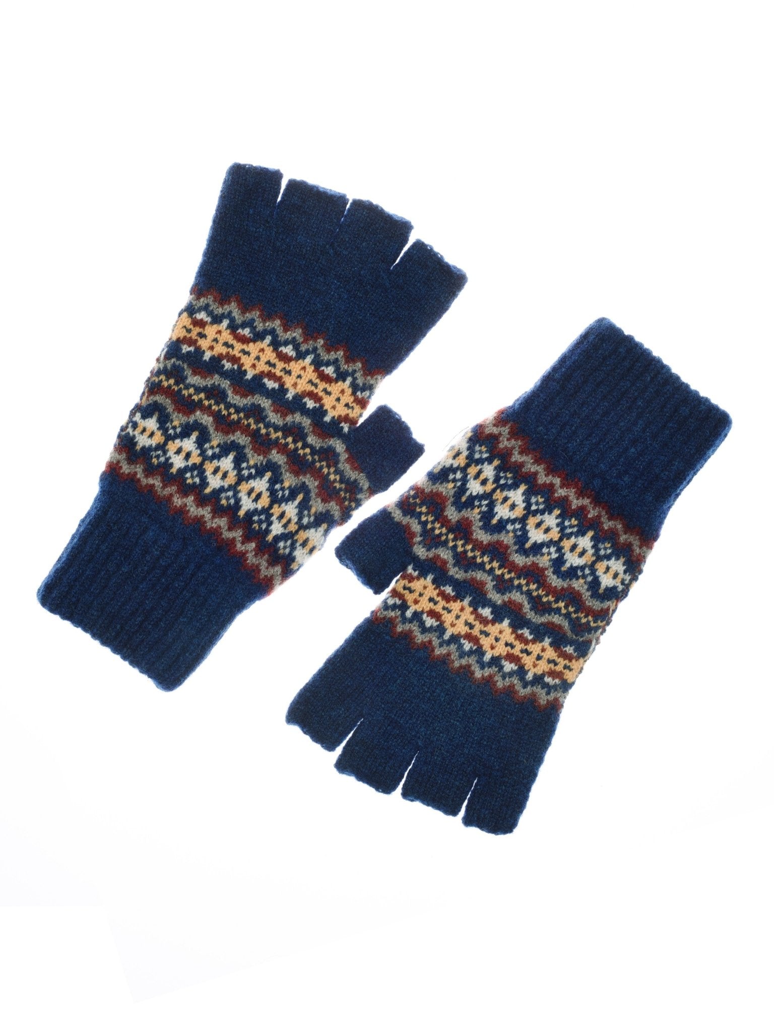 Campbells of Beauly Lambswool Fairisle Half-Finger Gloves in Midnight: blue gloves with a patterned band of yellow, white, and brown geometric fairisle designs, crafted in traditional Scottish Borders style.