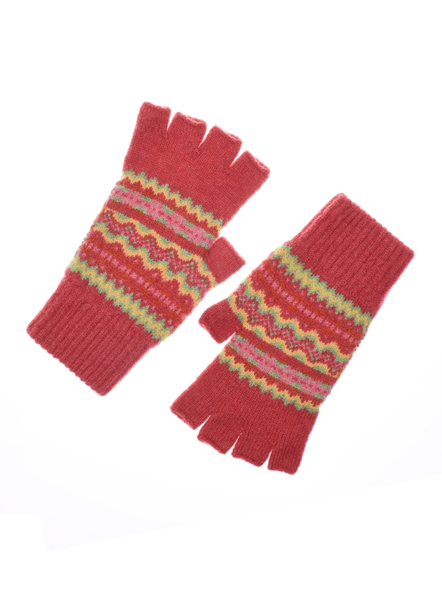 Campbells of Beauly Lambswool Fairisle Half-Finger Gloves in Rosewood feature colorful zigzag and striped Fairisle patterns, showcasing the charm of Scottish Borders knitwear against a white background.