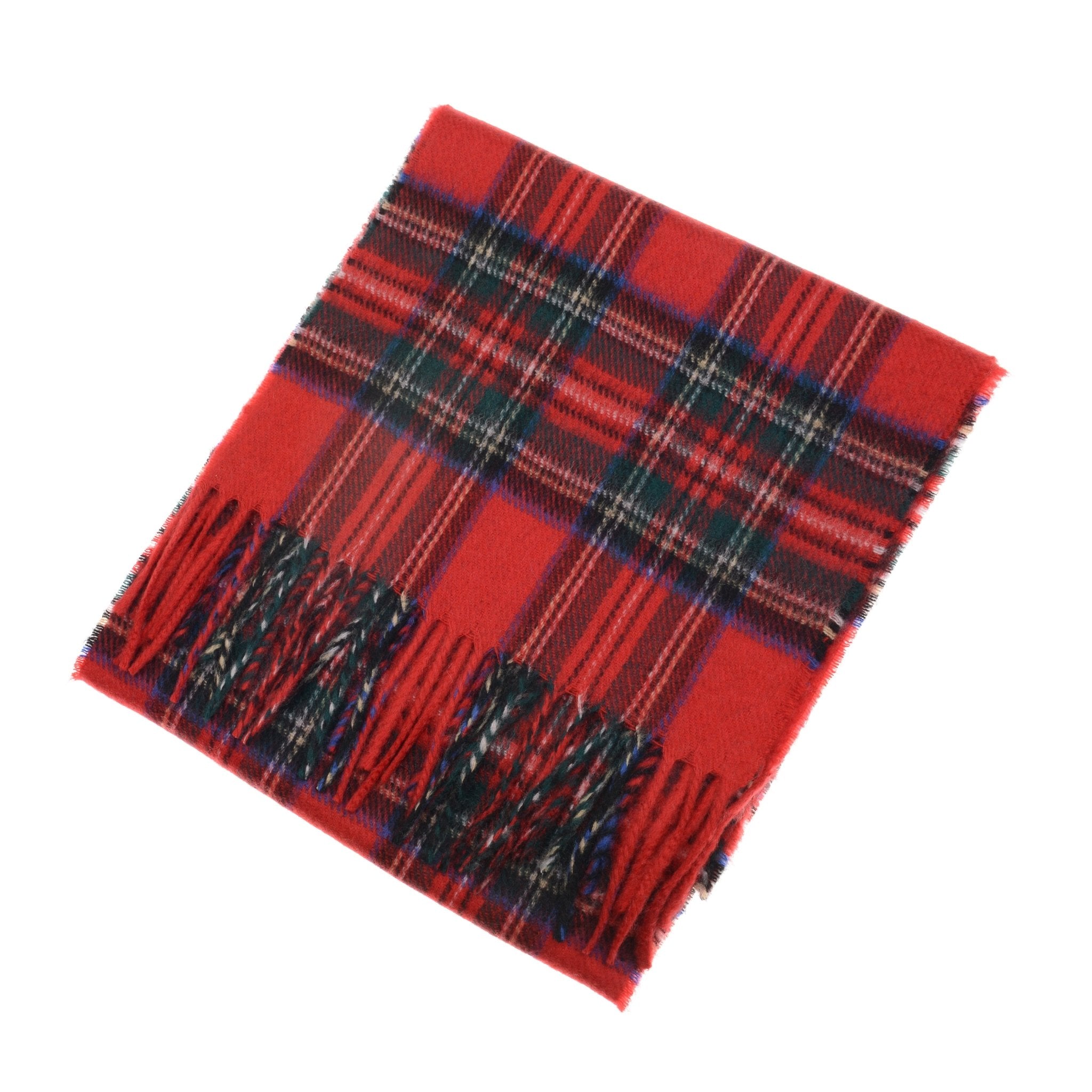 The Cashmere Tartan Scarf by Campbells of Beauly features a red, black, blue, and yellow plaid design with fringed ends, inspired by classic Scottish Borders tartans.