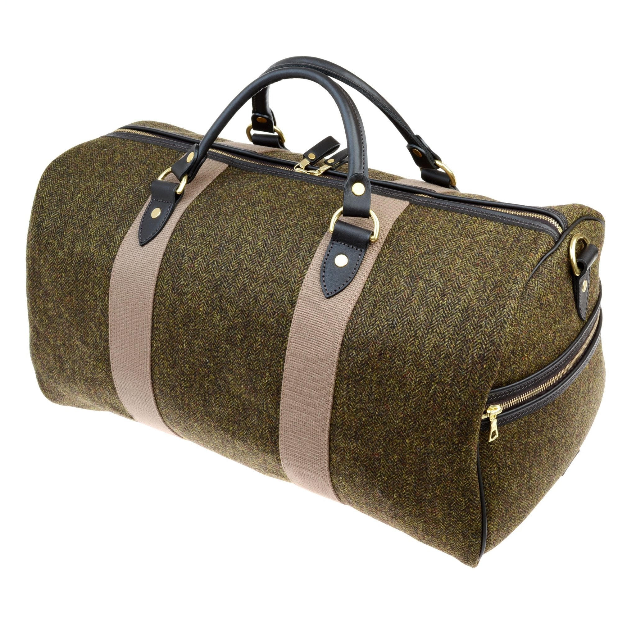 The Campbells of Beauly Hand Luggage Holdall features brown tweed, tan straps, black vegetable-tanned leather handles, and gold zippers, displayed on a white background.
