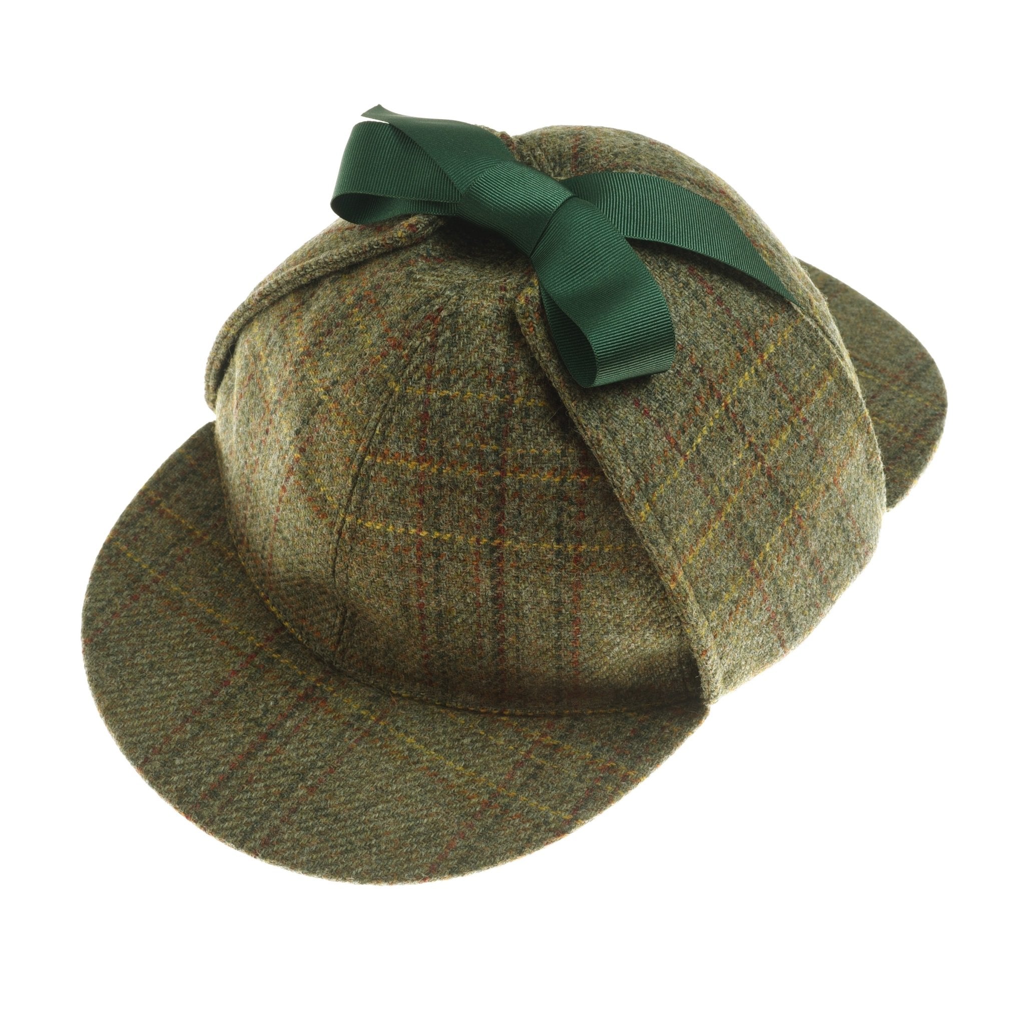 The Sherlock Holmes Hat by Campbells of Beauly in color C24 features two brims, earflaps, and a ribbon bow.
