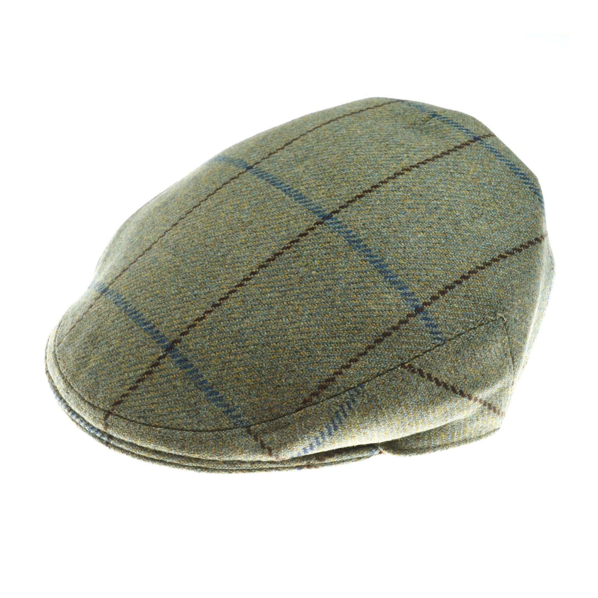 The Campbells of Beauly Green Conon Cap in color K523 is a classic flat cap made from British tweed, featuring a green checkered pattern with subtle blue and brown lines on a white background.