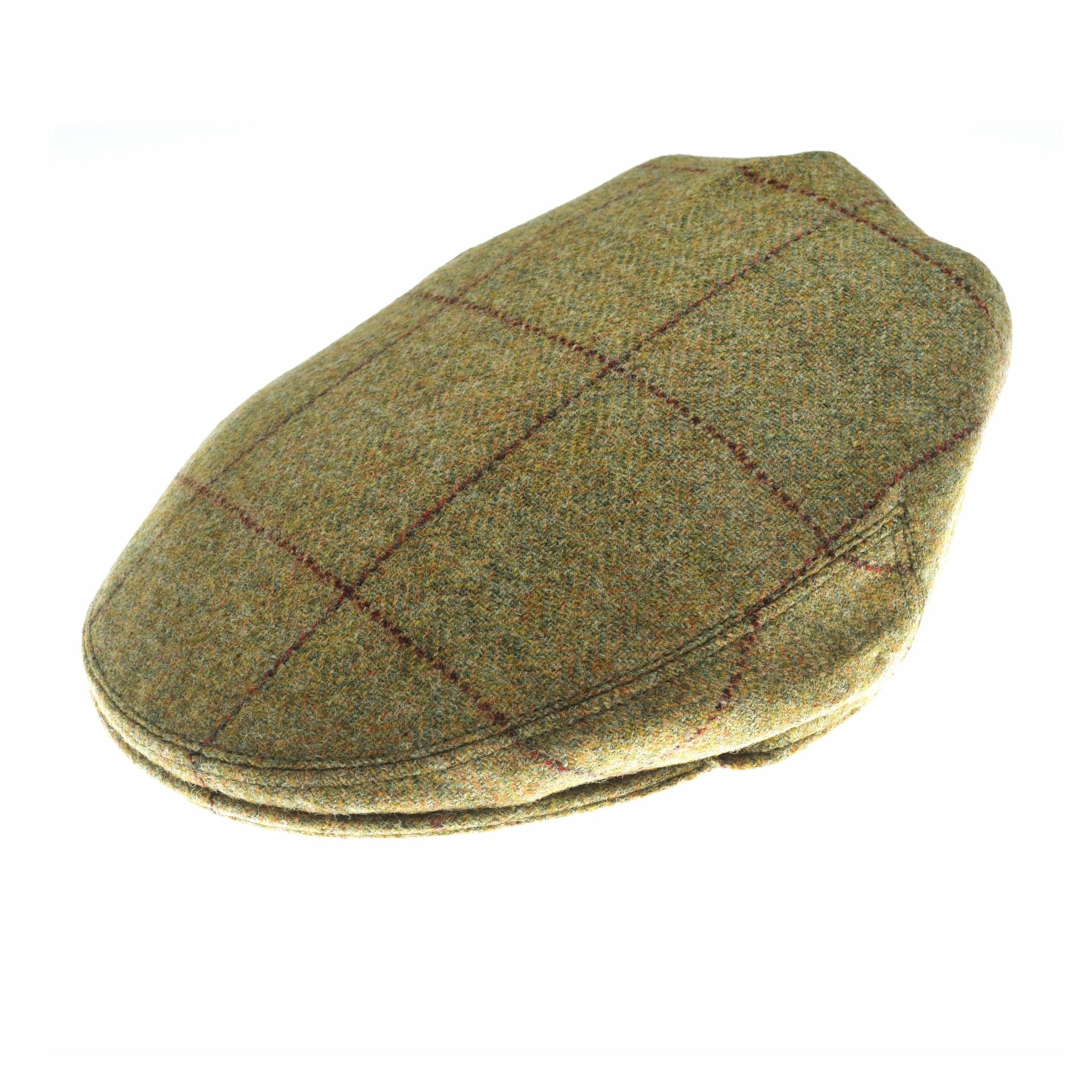 The Green Conon Cap by Campbells of Beauly is a classic flat cap in olive/red British tweed with a brown and red windowpane check, shown against a white background.