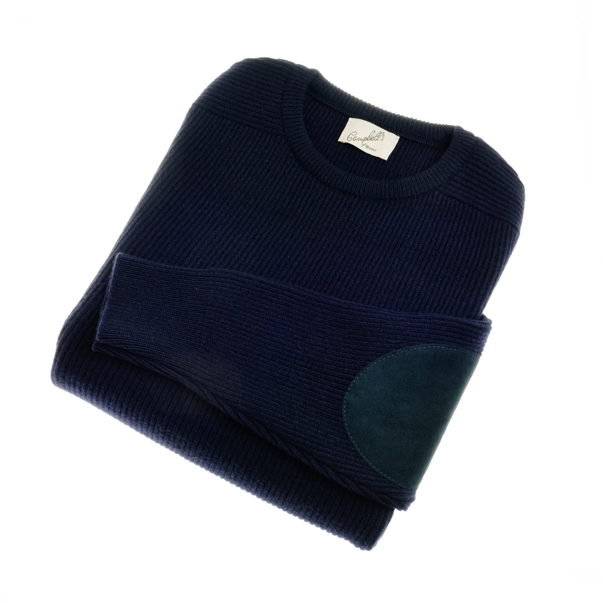 A Campbells of Beauly Fishermans Rib Crew Jumper in navy, featuring green suede elbow patches, is shown folded on a white background.