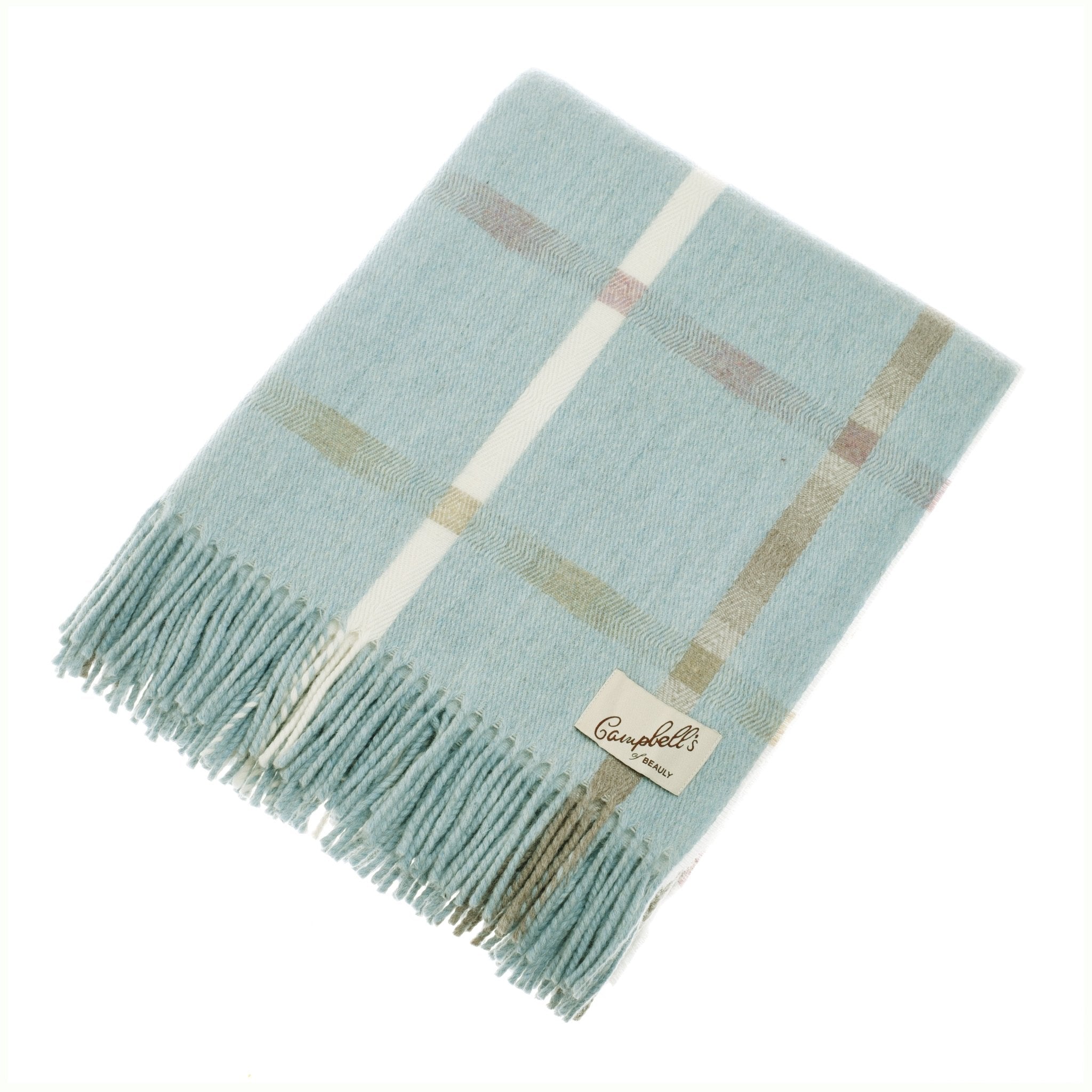 The Maree Lambswool Blanket by Campbells of Beauly features a light blue windowpane pattern with beige and white stripes, fringed edges, and a sewn-in brand label in one corner. Crafted in Scotland.
