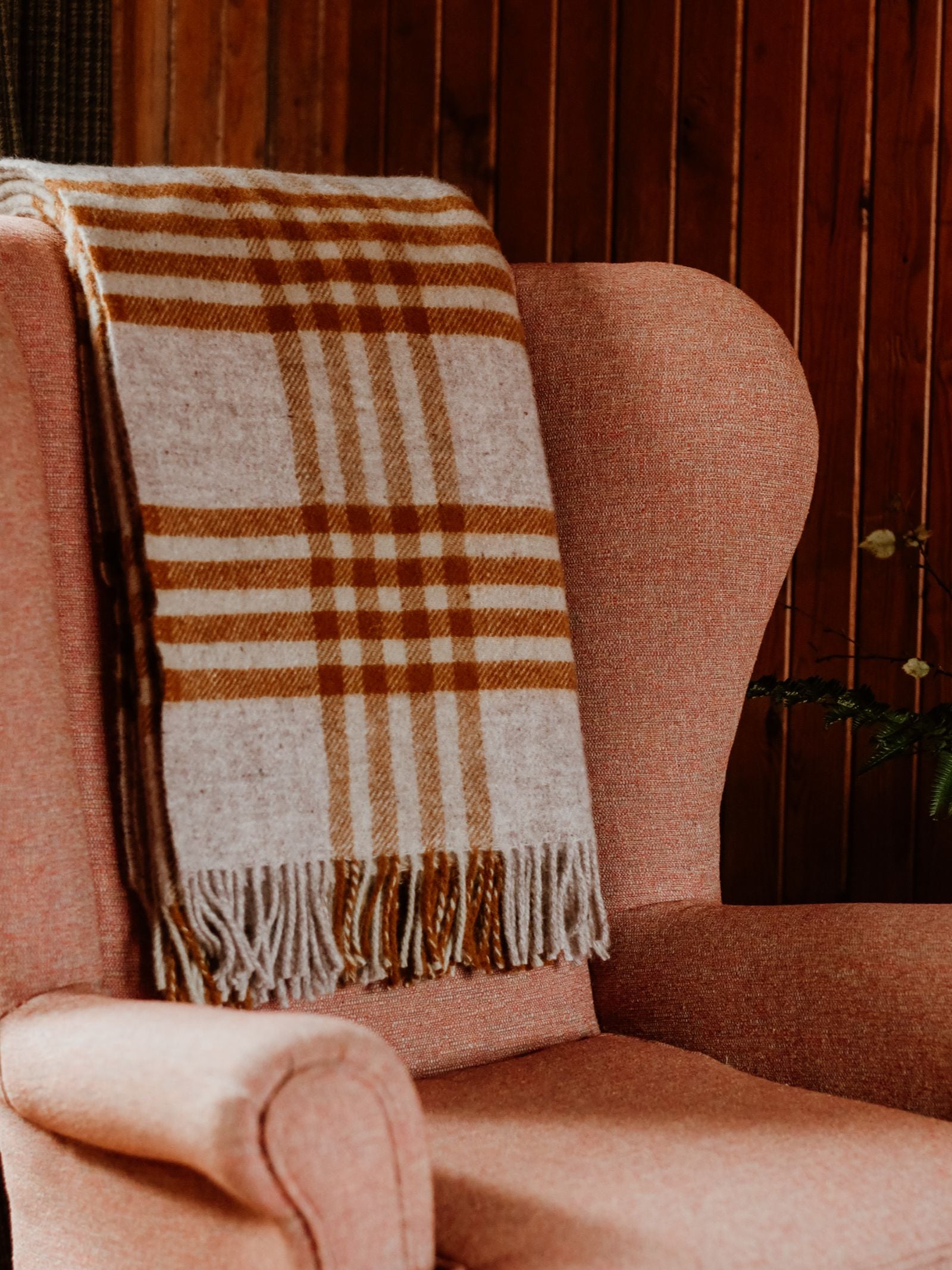 A cozy pink armchair with a Campbell's of Beauly Tarradale Lambswool Throw in a beige and brown check draped over the back, set against a wooden-paneled wall.