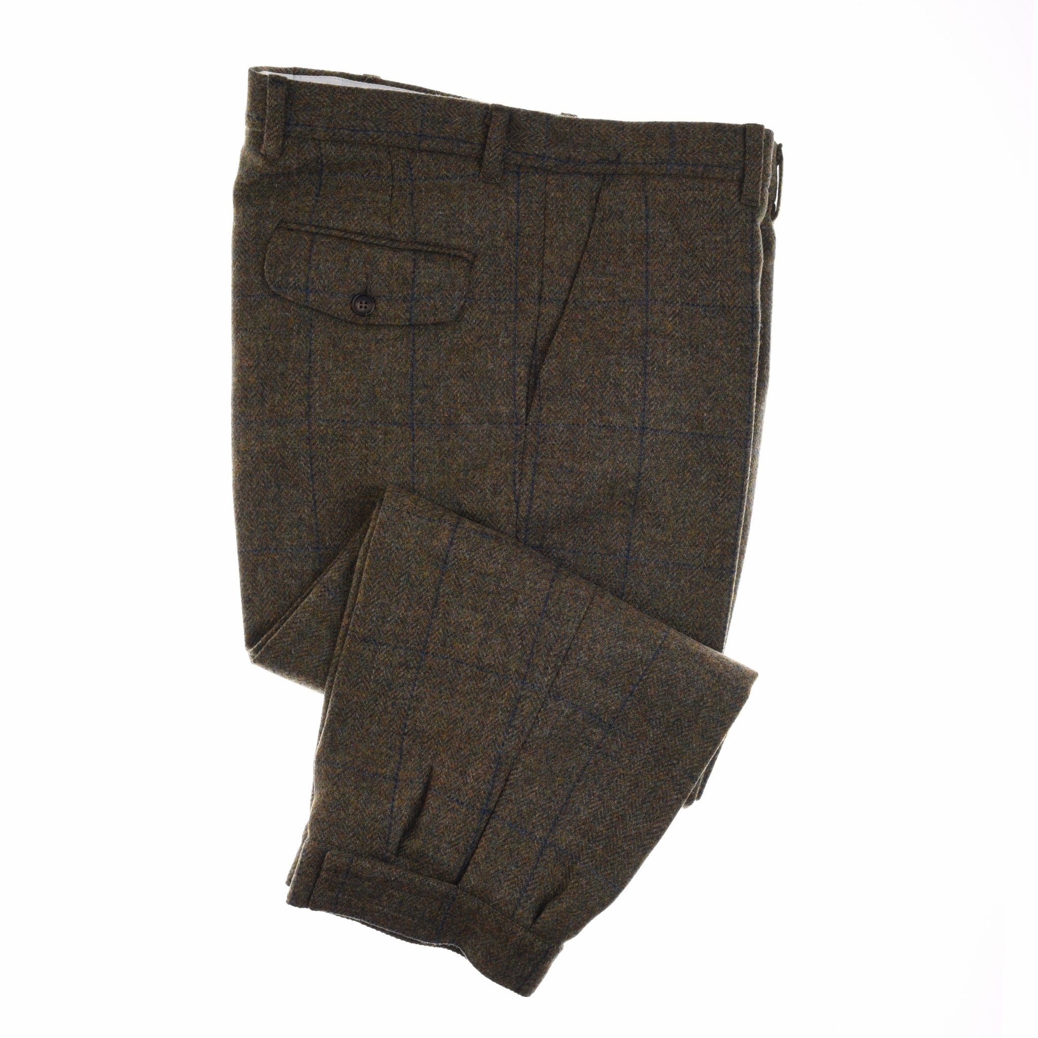 A pair of Campbells of Beauly Plus Twos in olive & navy, featuring classic tailoring with a buttoned back pocket, belt loops, and pleats, displayed folded on a white background.