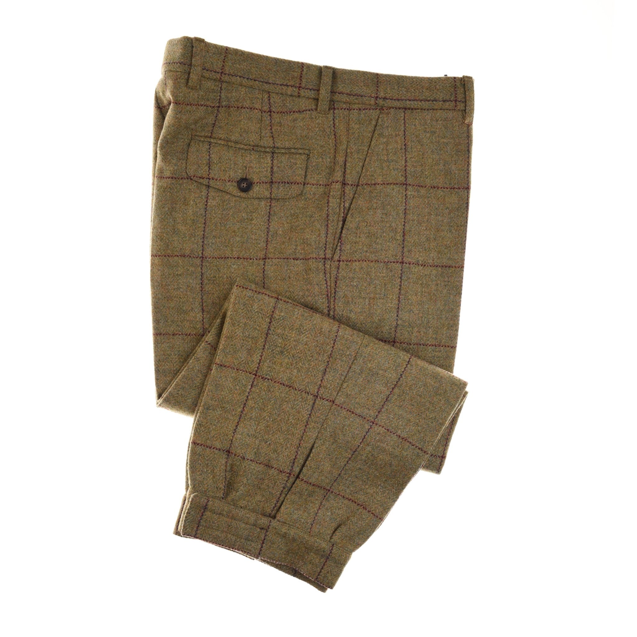Campbells of Beauly Plus Twos in olive & red windowpane check wool, expertly tailored with a buttoned back pocket, are shown folded and laid flat on a white background.