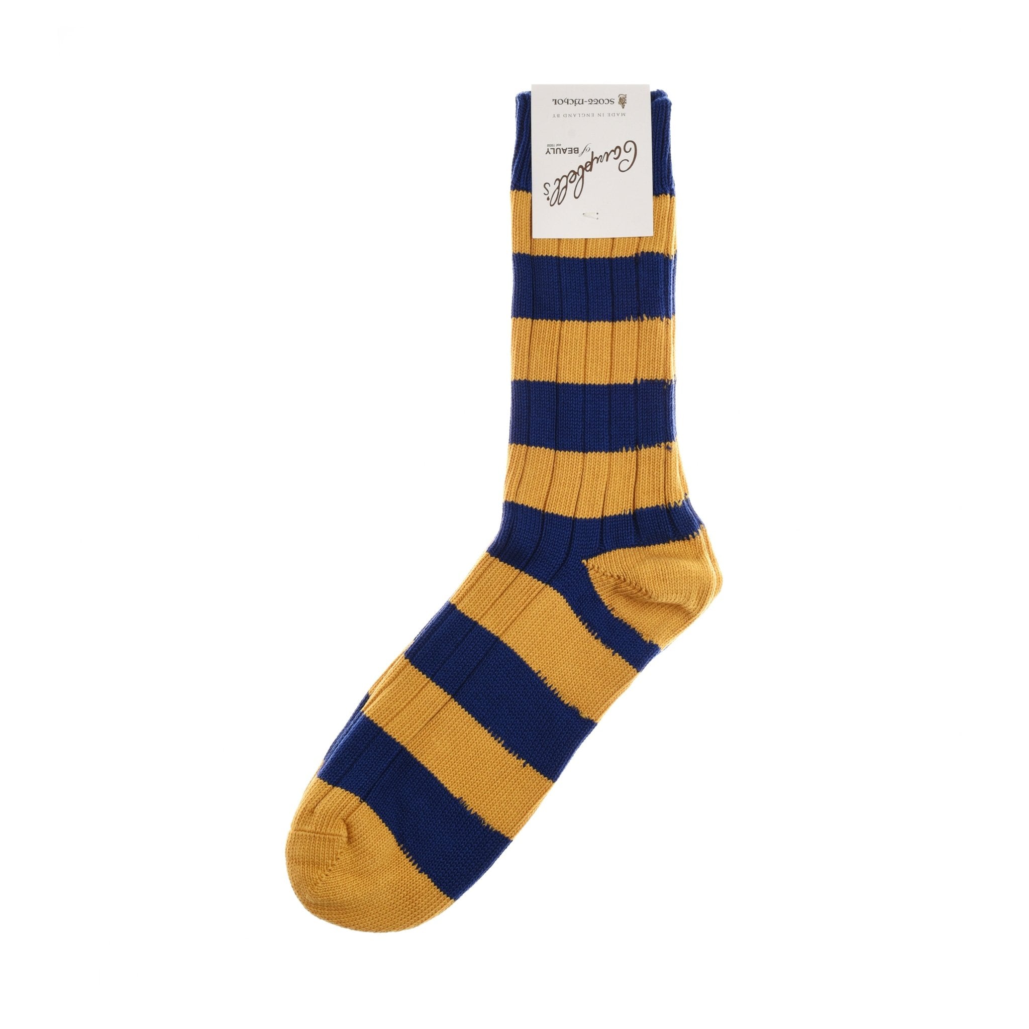 A single Campbells of Beauly Stripe Sock in Admiral Stripe, featuring wide yellow and dark blue rugby stripes, a reinforced heel and toe, displayed with a white label at the top.