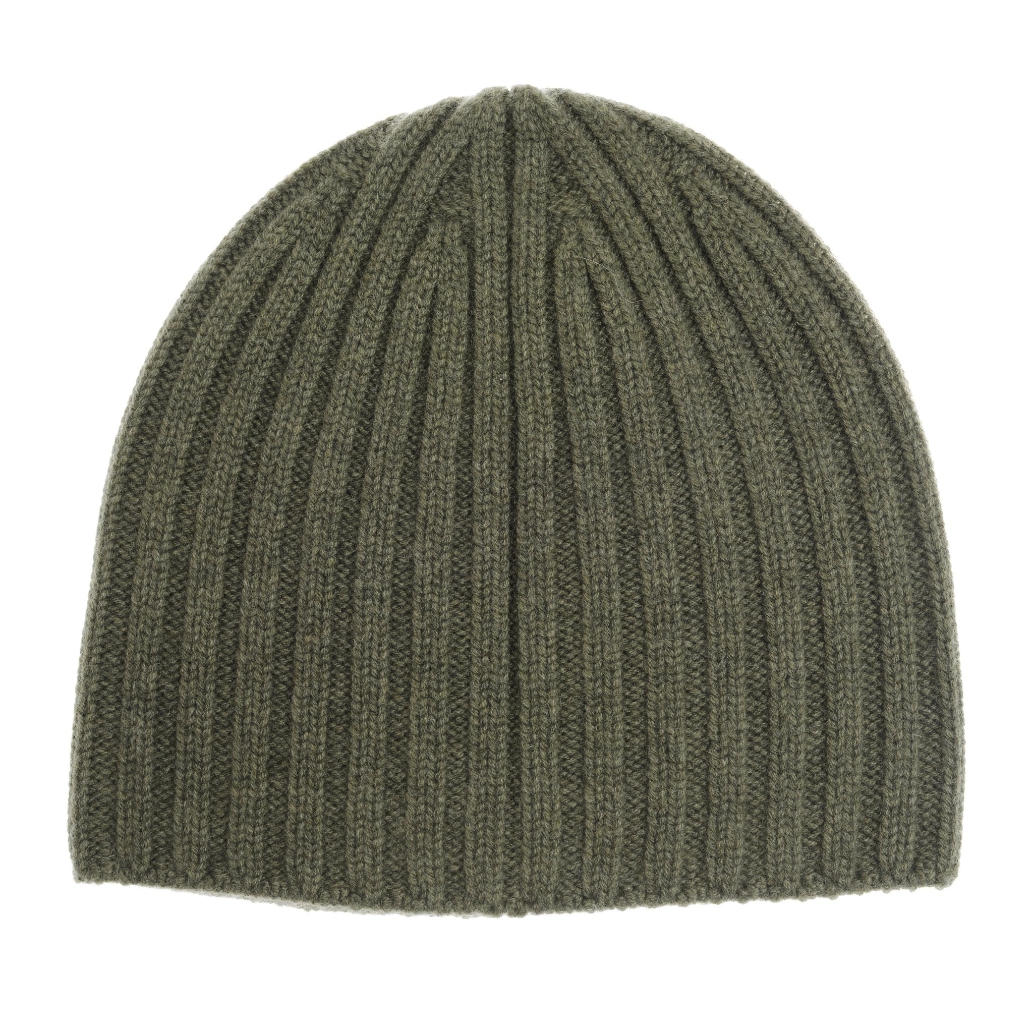 The Campbells of Beauly Cashmere Rib Beanie is an olive-green, vertically ribbed winter hat designed for a snug fit, shown laid flat on a white background.