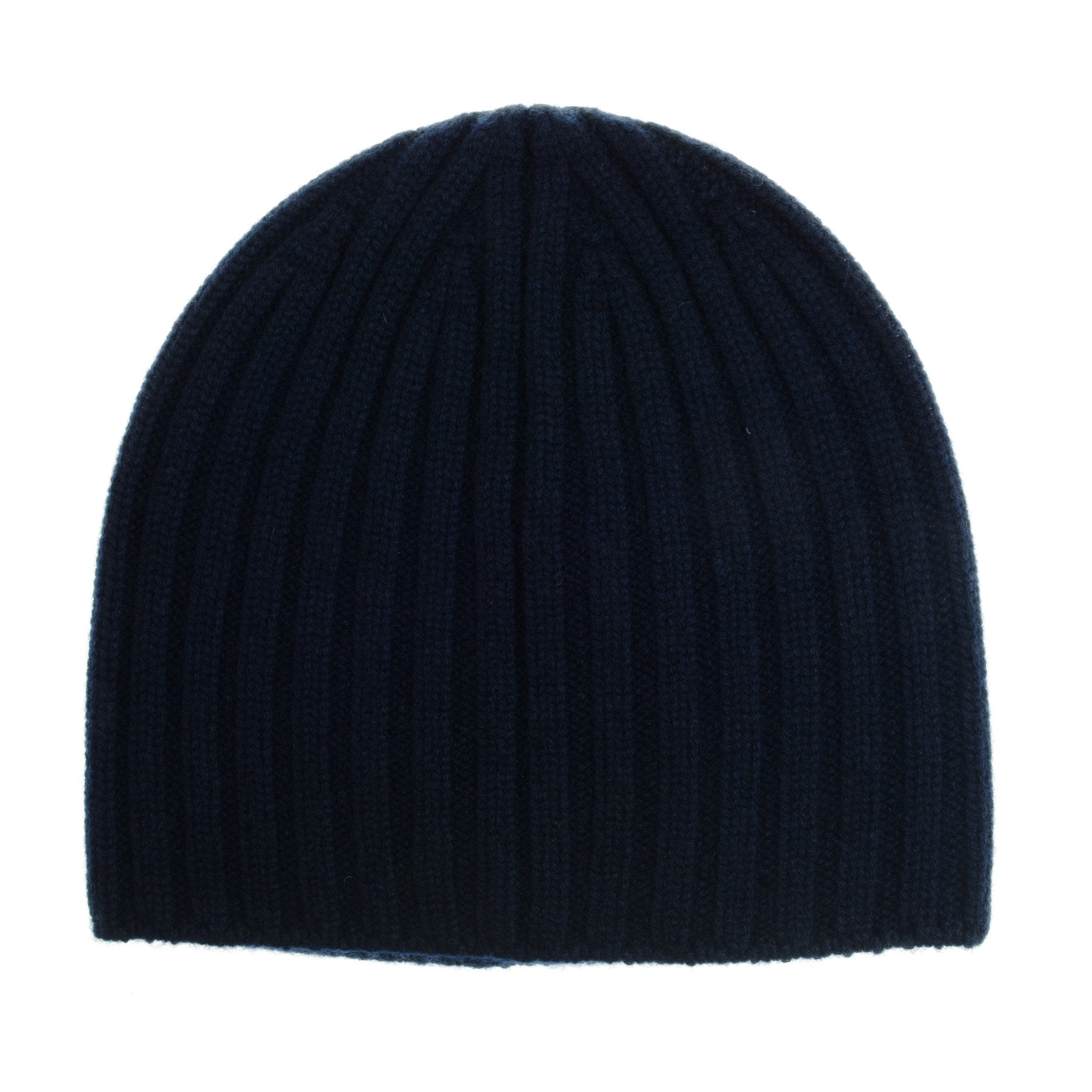 A close-up of the Cashmere Rib Beanie by Campbells of Beauly in dark navy blue. This cozy, knitted winter hat features vertical ribbing, a rounded shape, and a minimalist design on a white background.