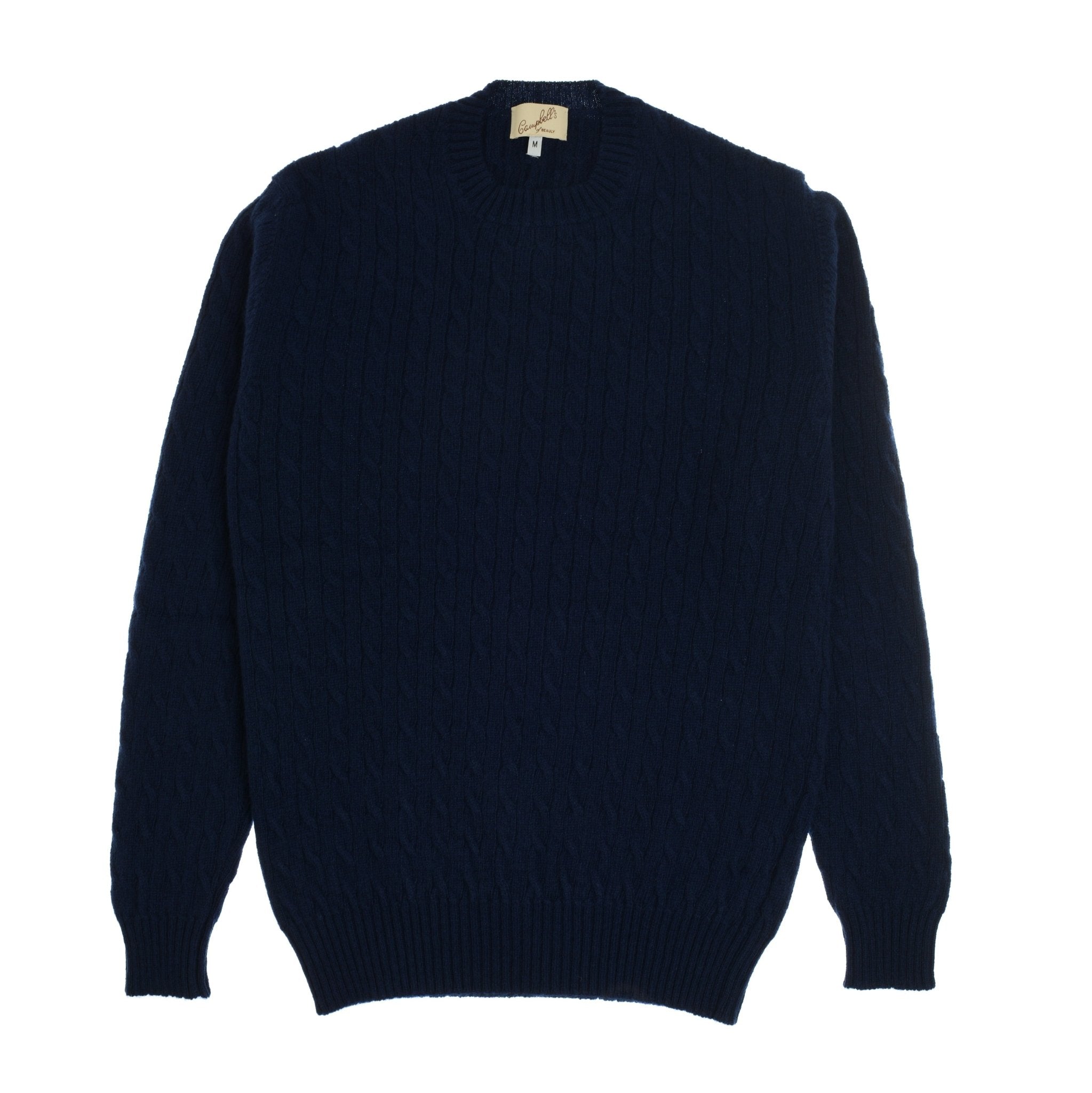 The Campbells of Beauly Cashmere Cable Crew Jumper in navy features a crew neckline, ribbed cuffs and hem, and classic cable-knit design, inspired by Scottish Borders craftsmanship. Shown laid flat on a white background.