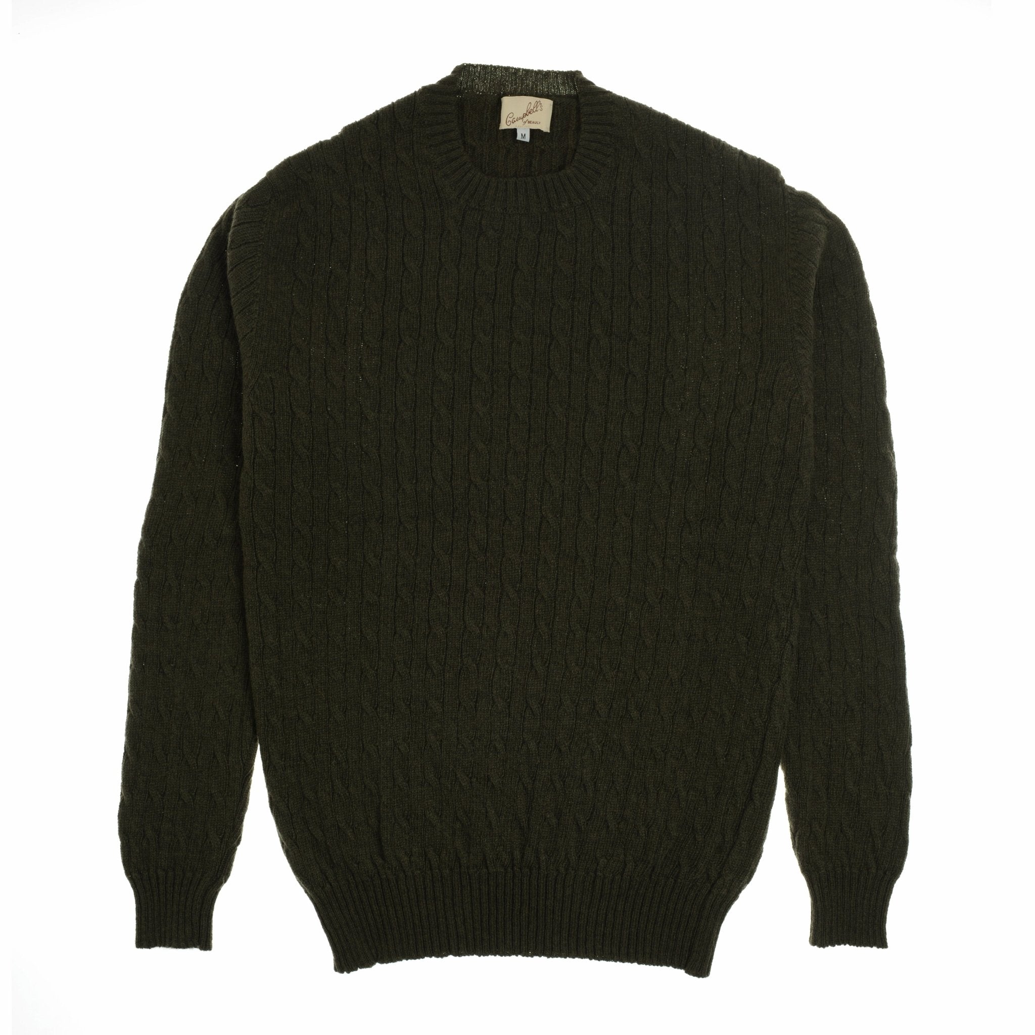 The Campbells of Beauly Cashmere Cable Crew Jumper in muted green features long sleeves, a cable knit design, and ribbed crew neck, cuffs, and hem—classic Scottish Borders style—shown laid flat on a white background.