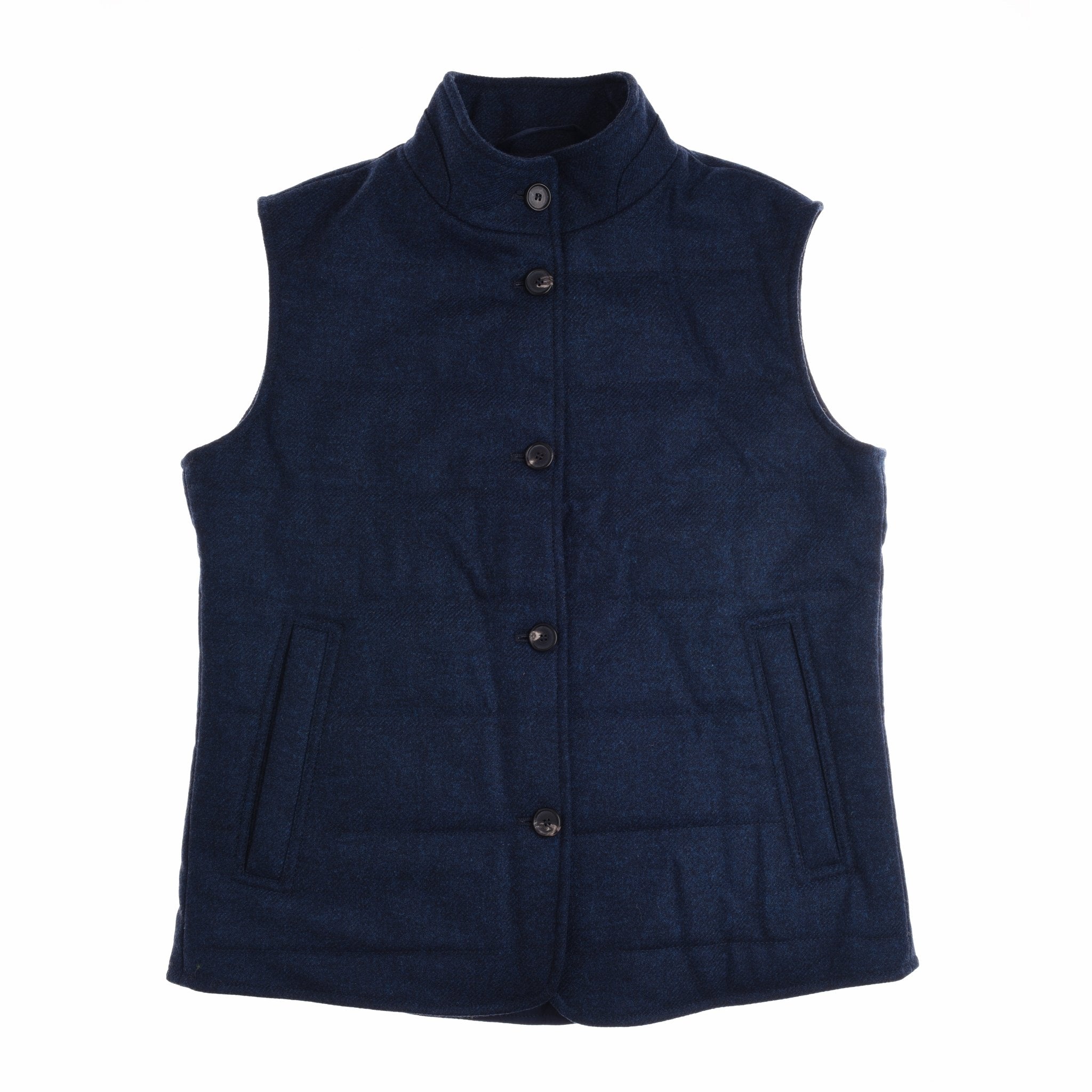 The Campbells of Beauly Quilted Buttoned Gilet in navy, featuring a high collar, side pockets, and sleeveless design, is displayed laid flat on a white background.