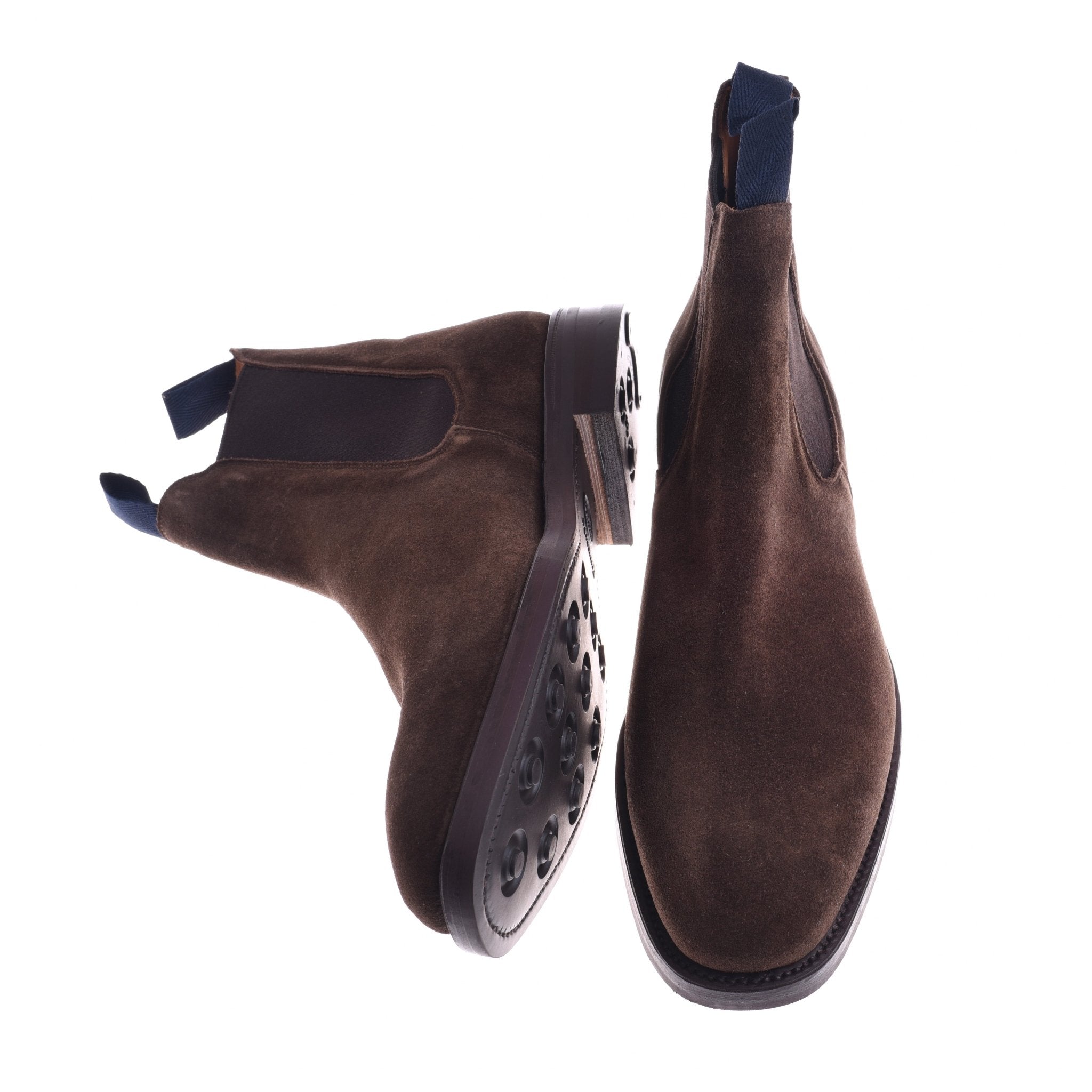 Campbells of Beauly Suede Chelsea Boots in brown feature a rugged commando sole, dark elastic side panels, and blue pull tabs—ideal for countryside pursuits and shown on a white background.
