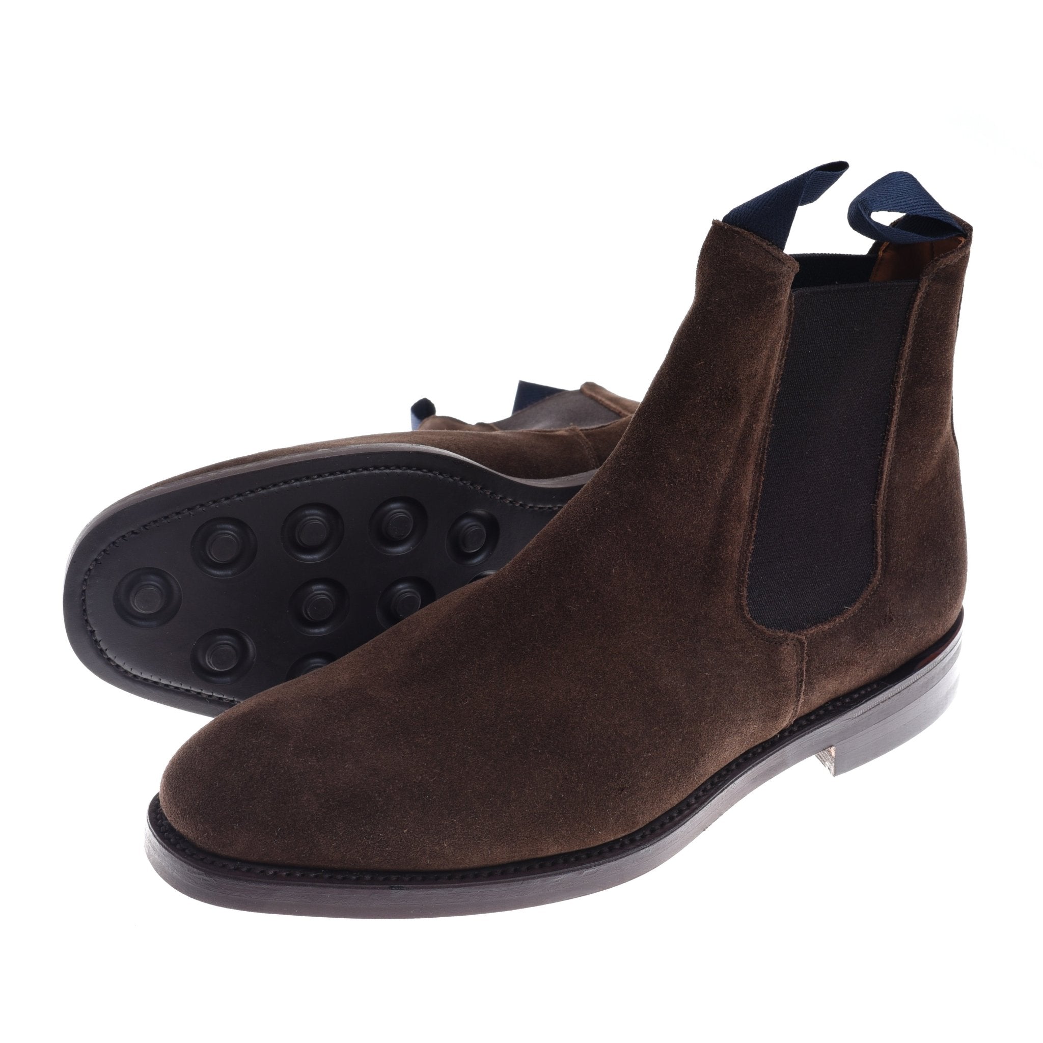 Campbells of Beauly Suede Chelsea Boots feature brown suede, black elastic side panels, pull tabs, and a textured Commando sole—offering both style and function for countryside pursuits.