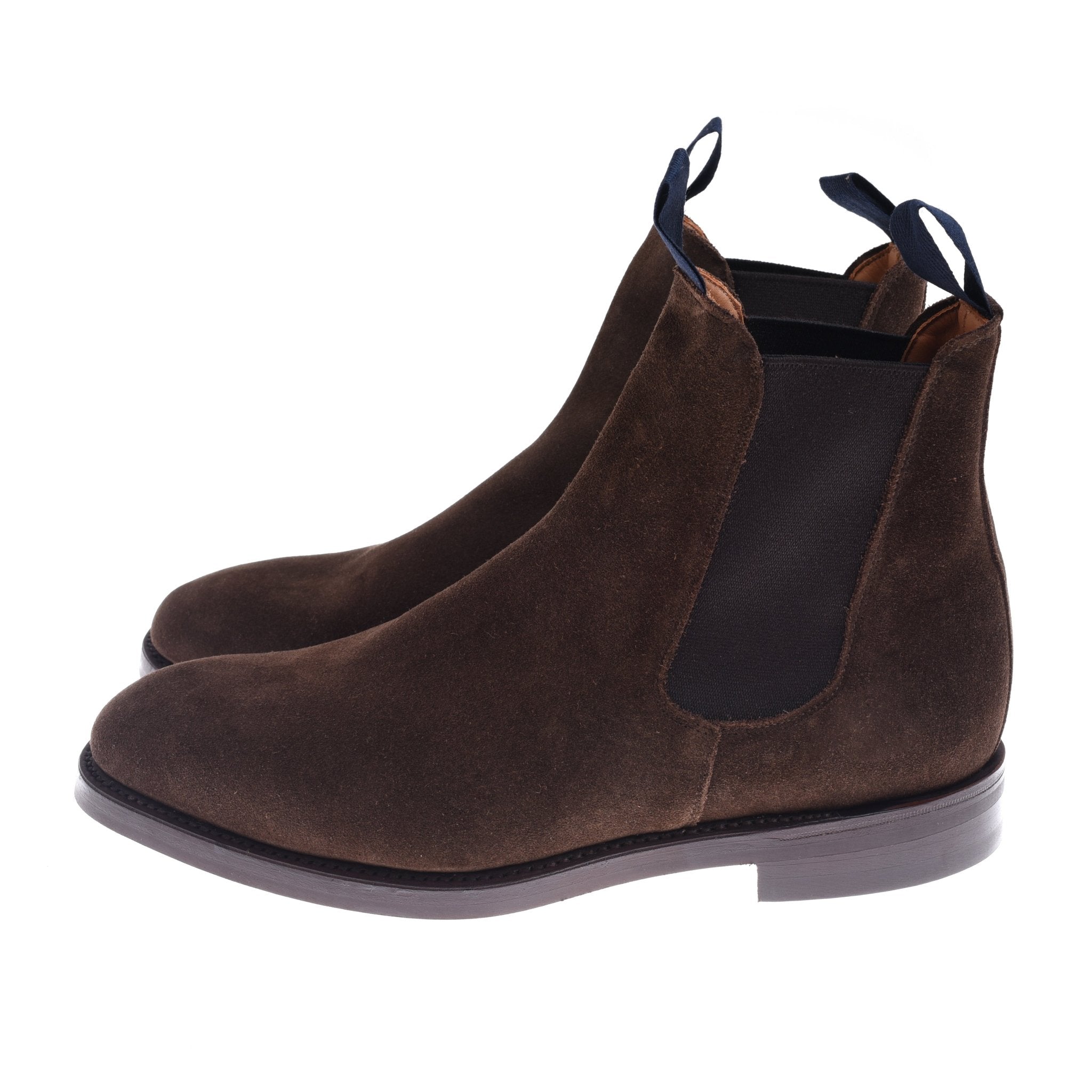 Campbells of Beauly Suede Chelsea Boots in brown, featuring black elastic side panels, pull tabs, and durable Commando soles—ideal for the countryside—are shown on a white background.