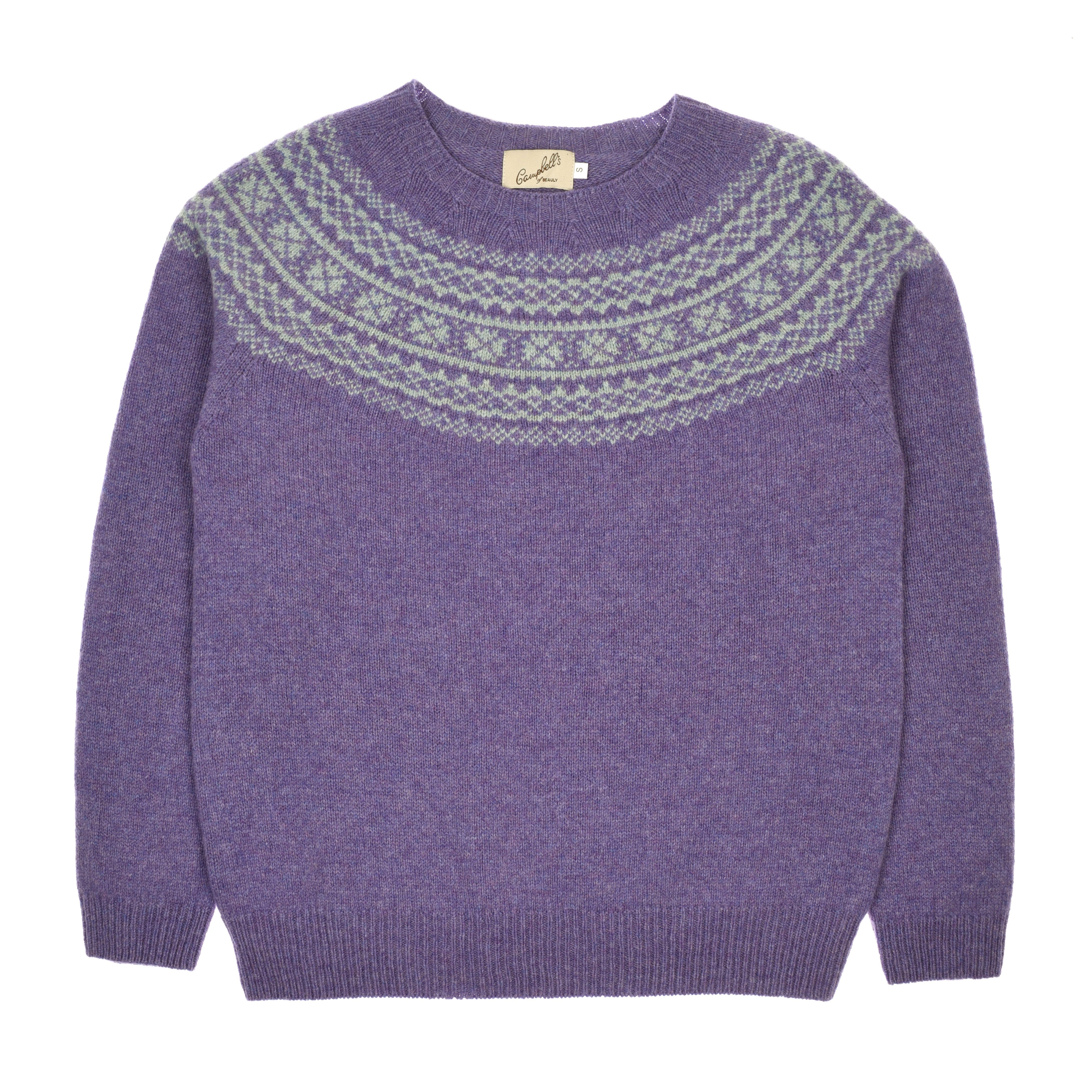 The Campbells of Beauly Two-Colour Fairisle Yoke Jumper is a purple Scottish knit with a round neck, pale green and white Fairisle pattern, long sleeves, and ribbed cuffs and hem in superfine Geelong lambswool. Laid flat on a white background.