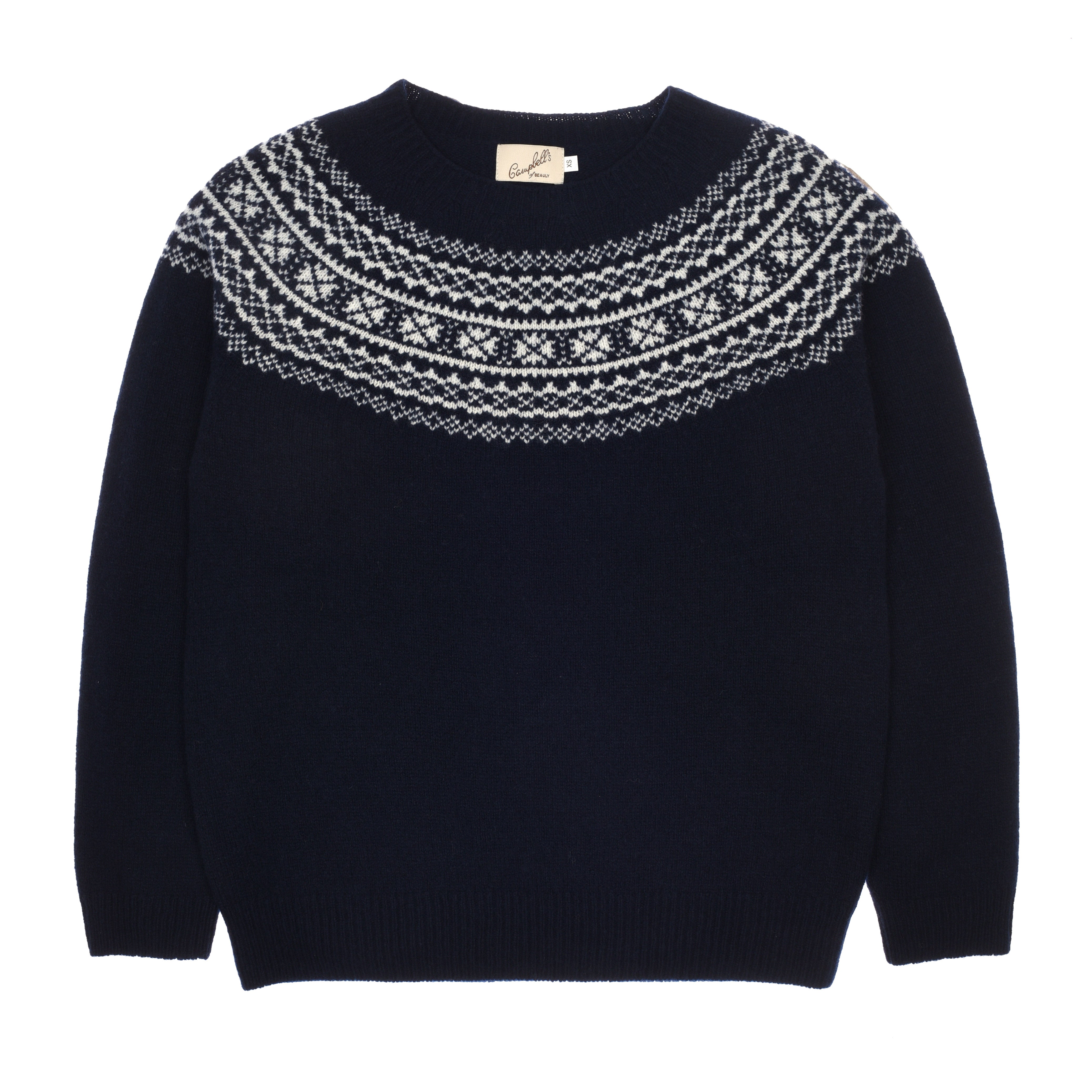 The Two-Colour Fairisle Yoke Jumper by Campbells of Beauly is a dark navy knit in superfine Geelong lambswool with a white and light grey Nordic pattern on the chest, shoulders, and upper sleeves. Features long sleeves and a simple hem.