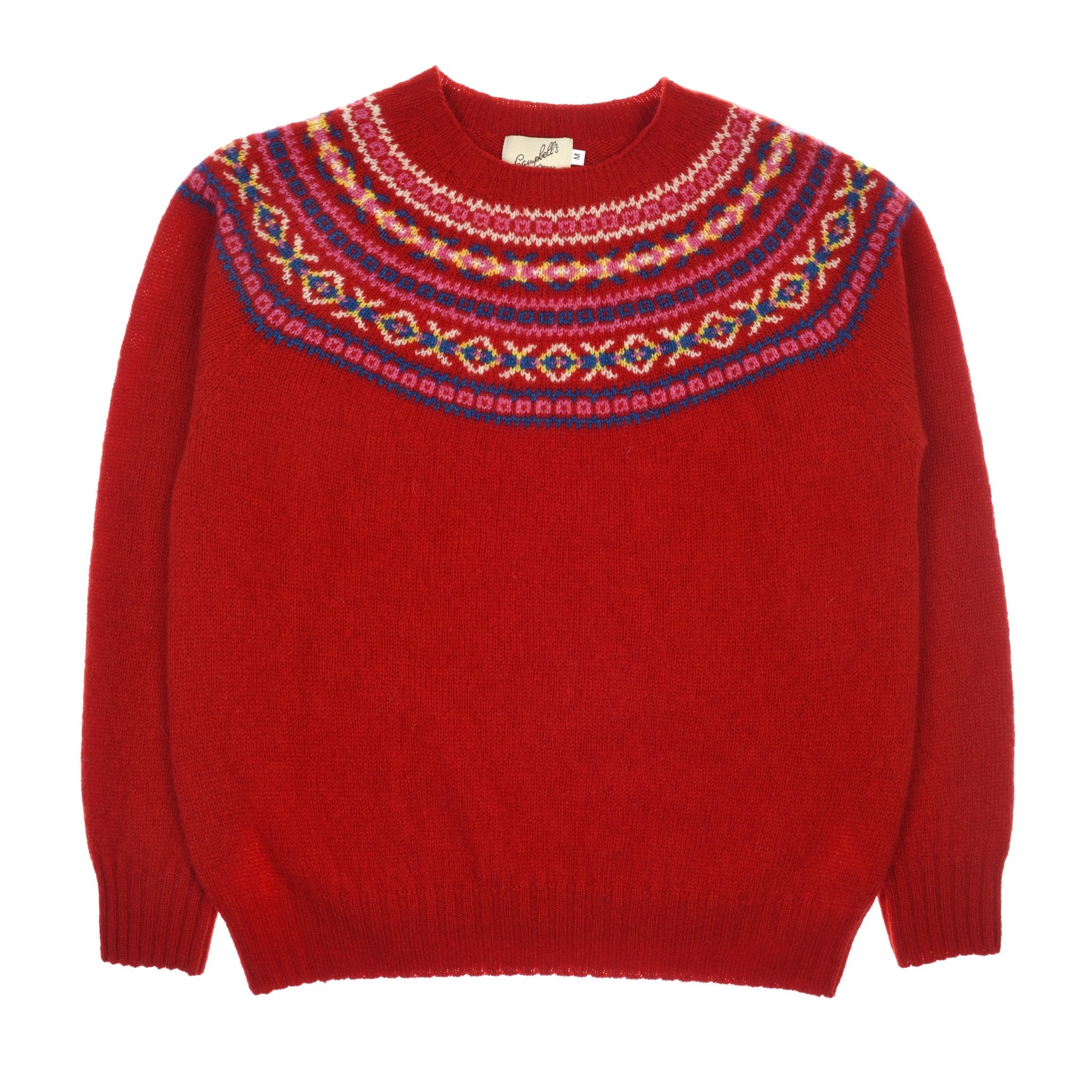 The Campbells of Beauly Fairisle Crew Jumper in Ruby is made from superfine Geelong lambswool and features a traditional yoke with colorful geometric and diamond patterns in blue, pink, white, and yellow.