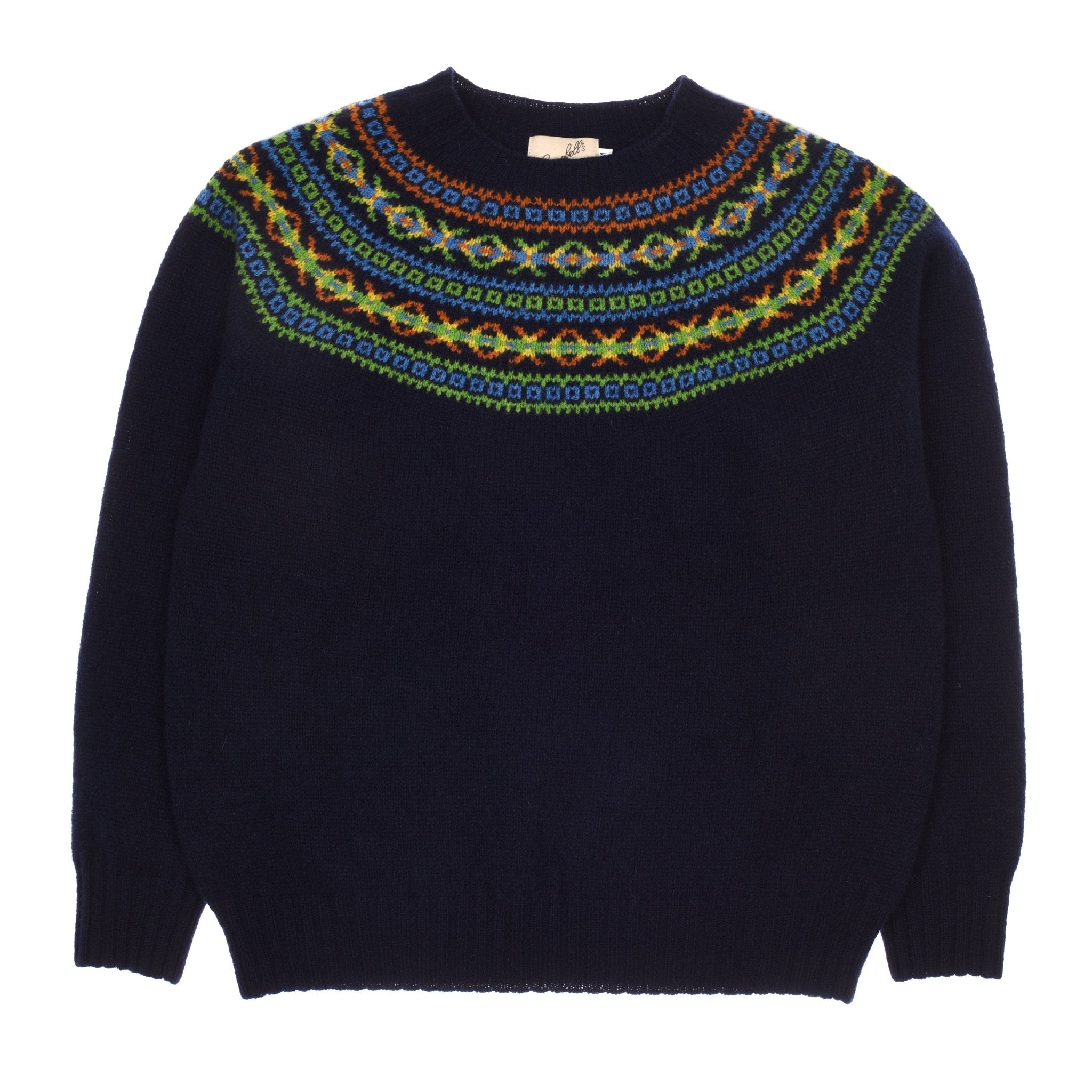 The Fairisle Crew Jumper by Campbells of Beauly comes in navy and showcases a traditional Fair Isle yoke in green, blue, red, and yellow. Made from superfine Geelong lambswool, it features long sleeves and a classic crew neckline.