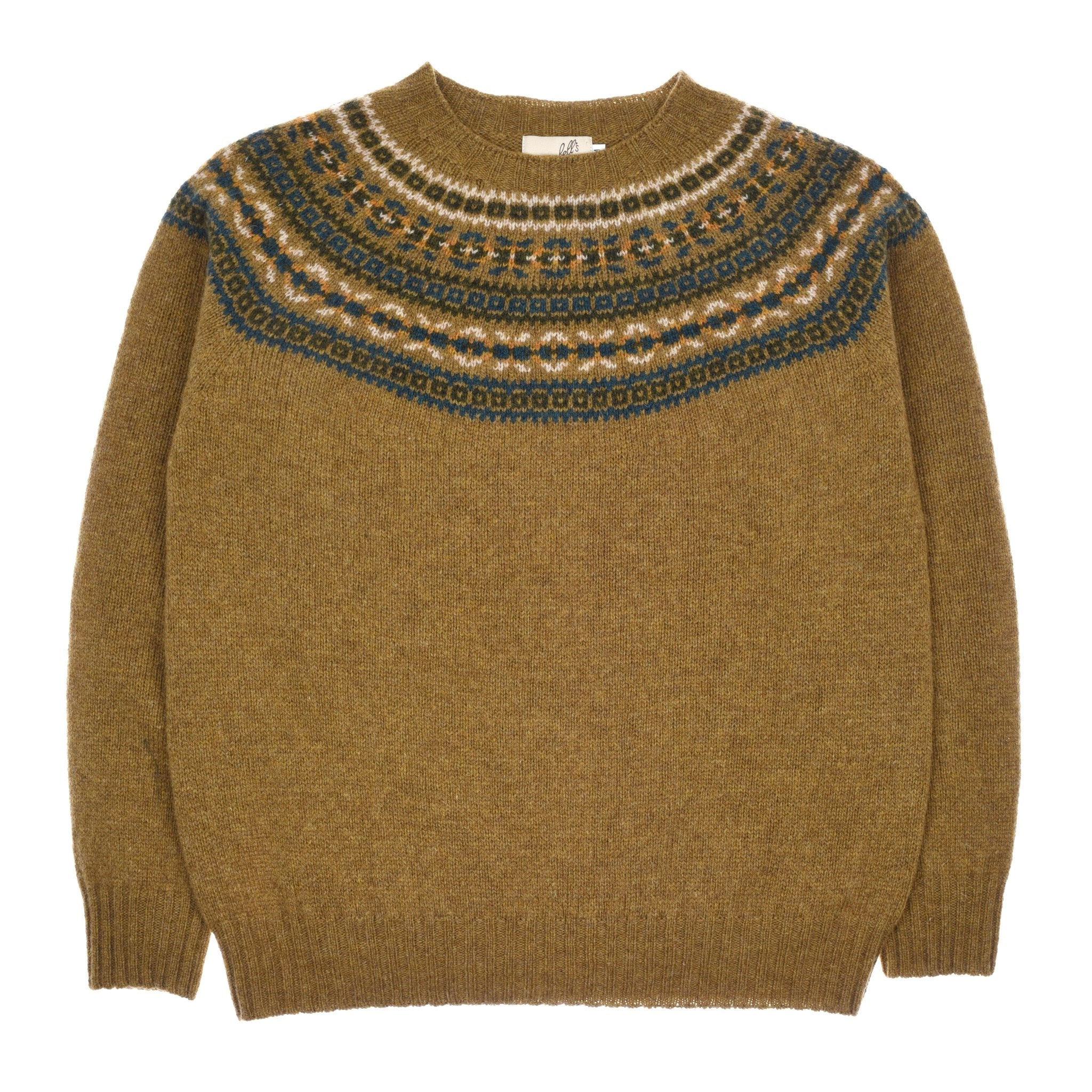 The Campbells of Beauly Fairisle Crew Jumper in dark sage features a round neckline and traditional geometric yoke in blue, white, and tan. Made from superfine Geelong lambswool with long sleeves plus ribbed hem and cuffs.