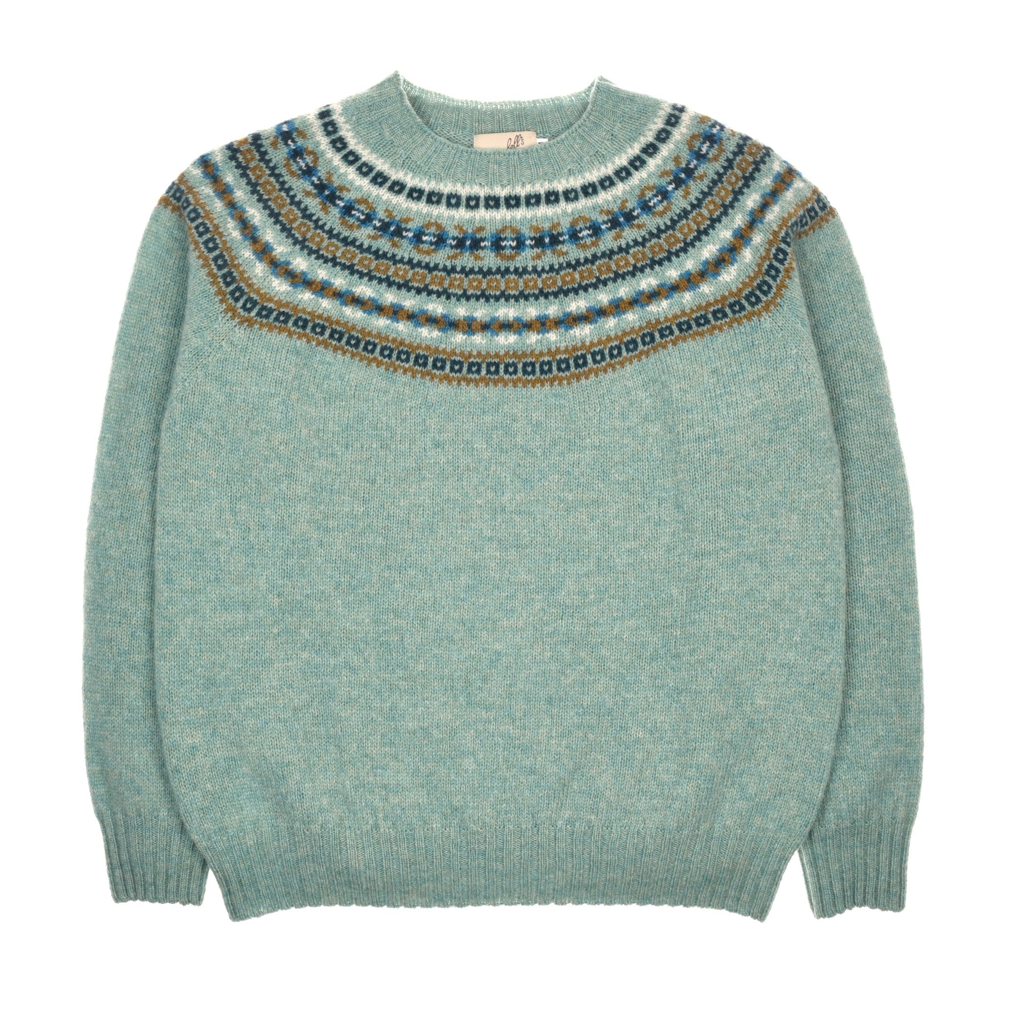 The Campbells of Beauly Fairisle Crew Jumper in verdigris features a round neck, decorative yoke with classic pattern in blue, white, and brown, and is crafted from superfine Geelong lambswool with ribbed cuffs, hem, and collar.
