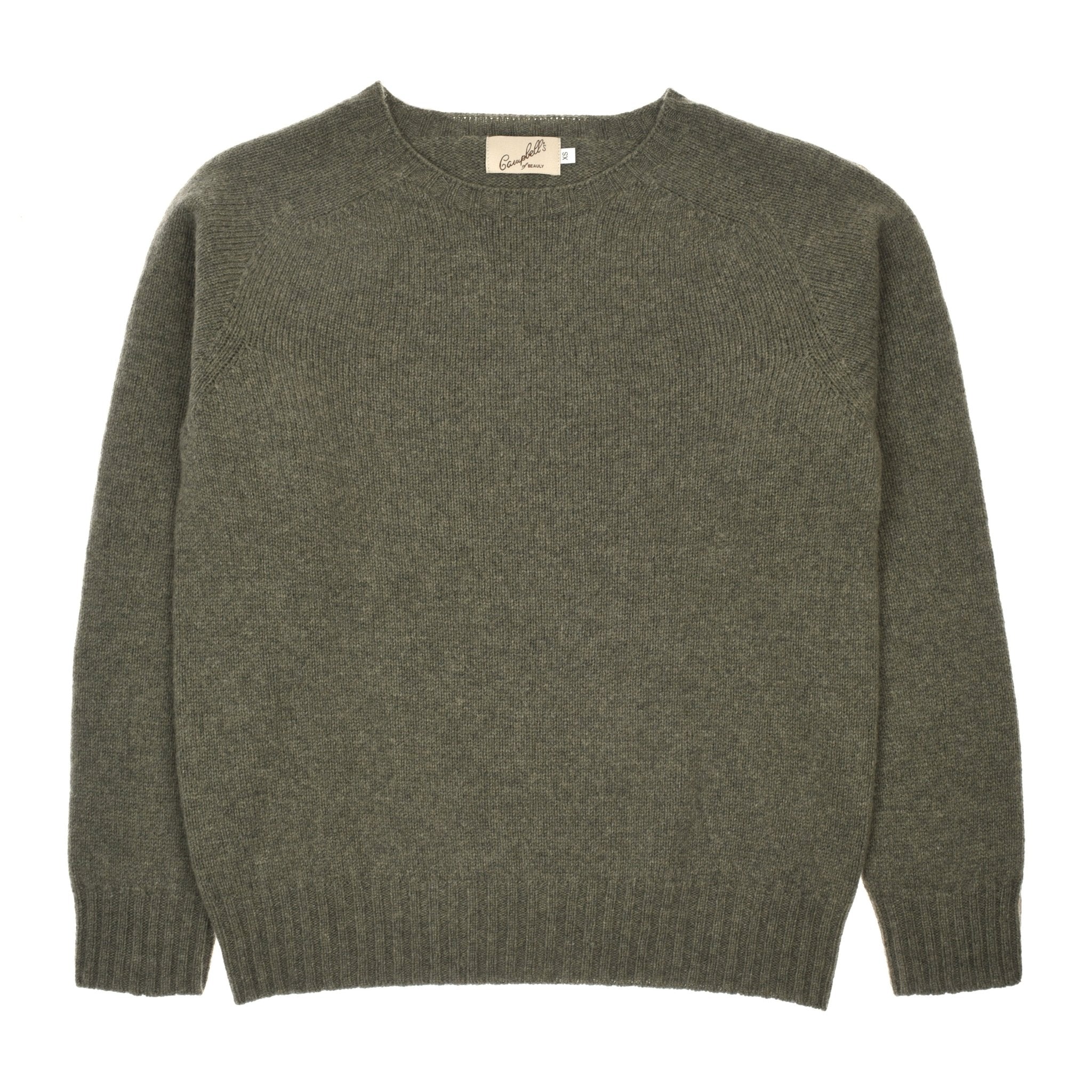 The Campbells of Beauly Geelong Lambswool Crew Neck Jumper in Loden is a soft, long-sleeved sweater made in Scotland. It features ribbed cuffs, hem, and collar, shown laid flat on a white background.