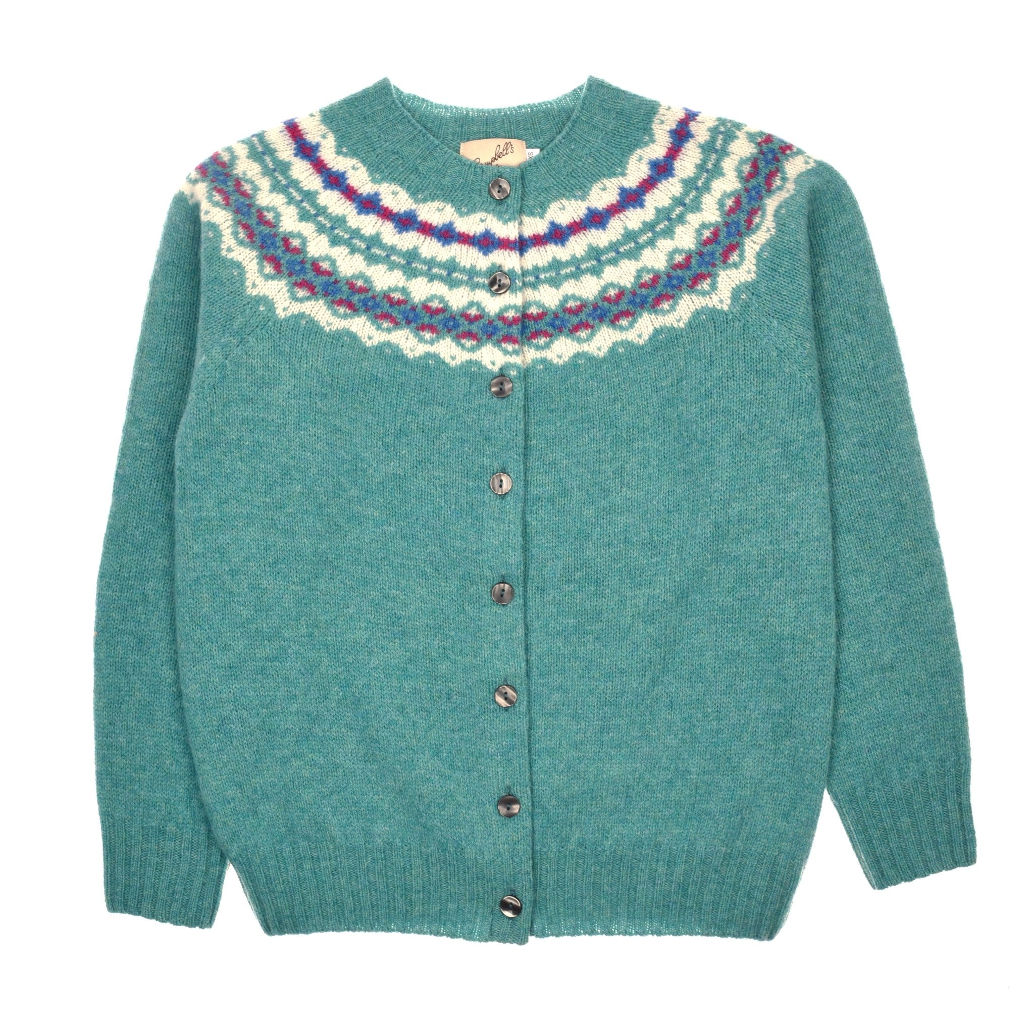 The Shetland Fairisle Cardigan by Campbells of Beauly is a turquoise pure new wool cardigan with a round neck, button front, and a colorful Fair Isle pattern—a classic piece of Scottish knitwear.