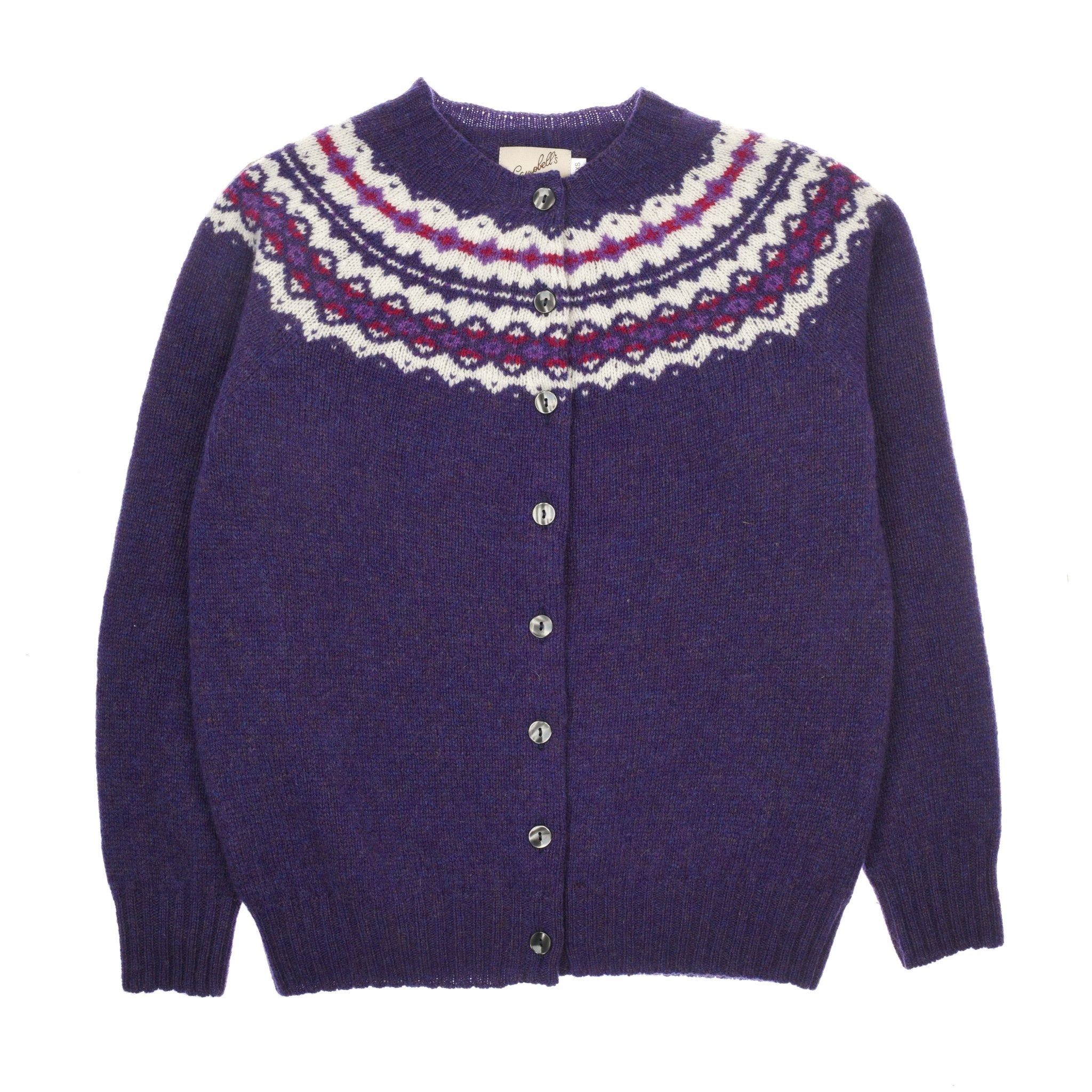 The Campbells of Beauly Shetland Fairisle Cardigan in Blackberry features a round neckline, patterned yoke in white, red, and purple, long sleeves, and front buttons—a classic piece of Scottish knitwear.