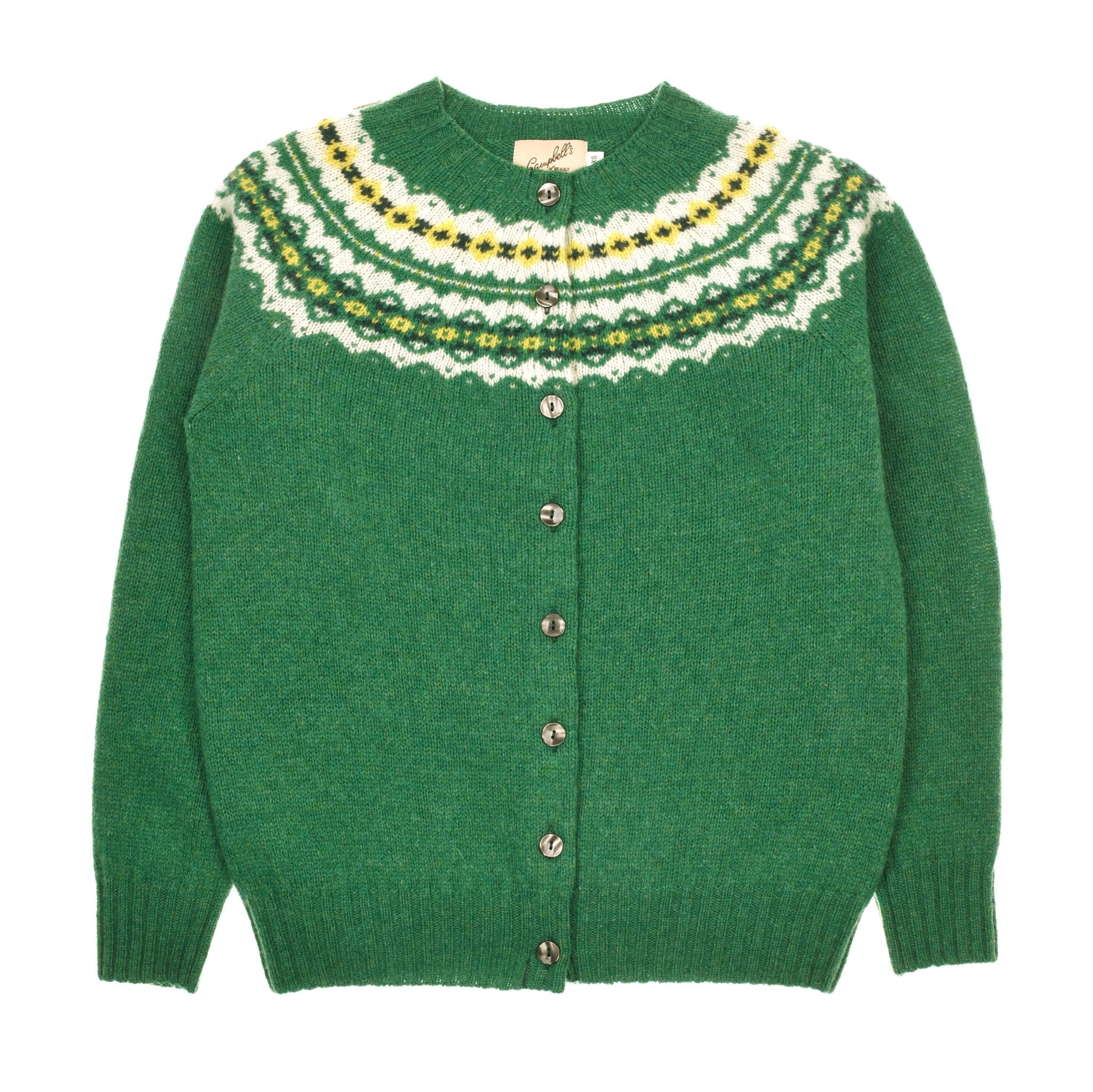 The Shetland Fairisle Cardigan by Campbells of Beauly features a green base, round neckline, button-down front, and a patterned yoke in white, yellow, and dark green—crafted in traditional style from Pure New Wool.