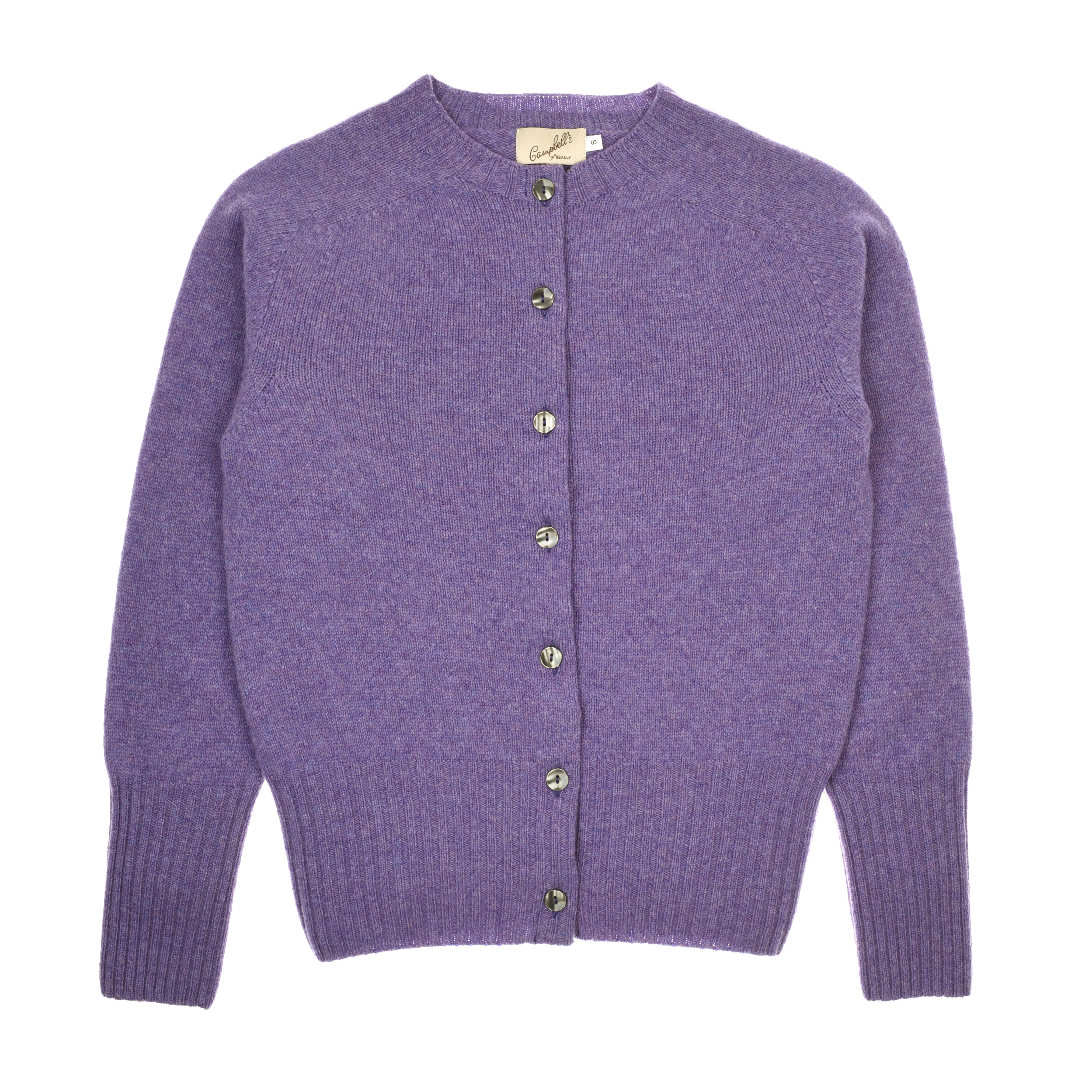 A flat lay of the Campbells of Beauly Crew Cardigan, a long-sleeved, crew neck style in soft purple Geelong lambswool with eight round buttons, ribbed cuffs and hem, and a cozy, slightly fuzzy texture.
